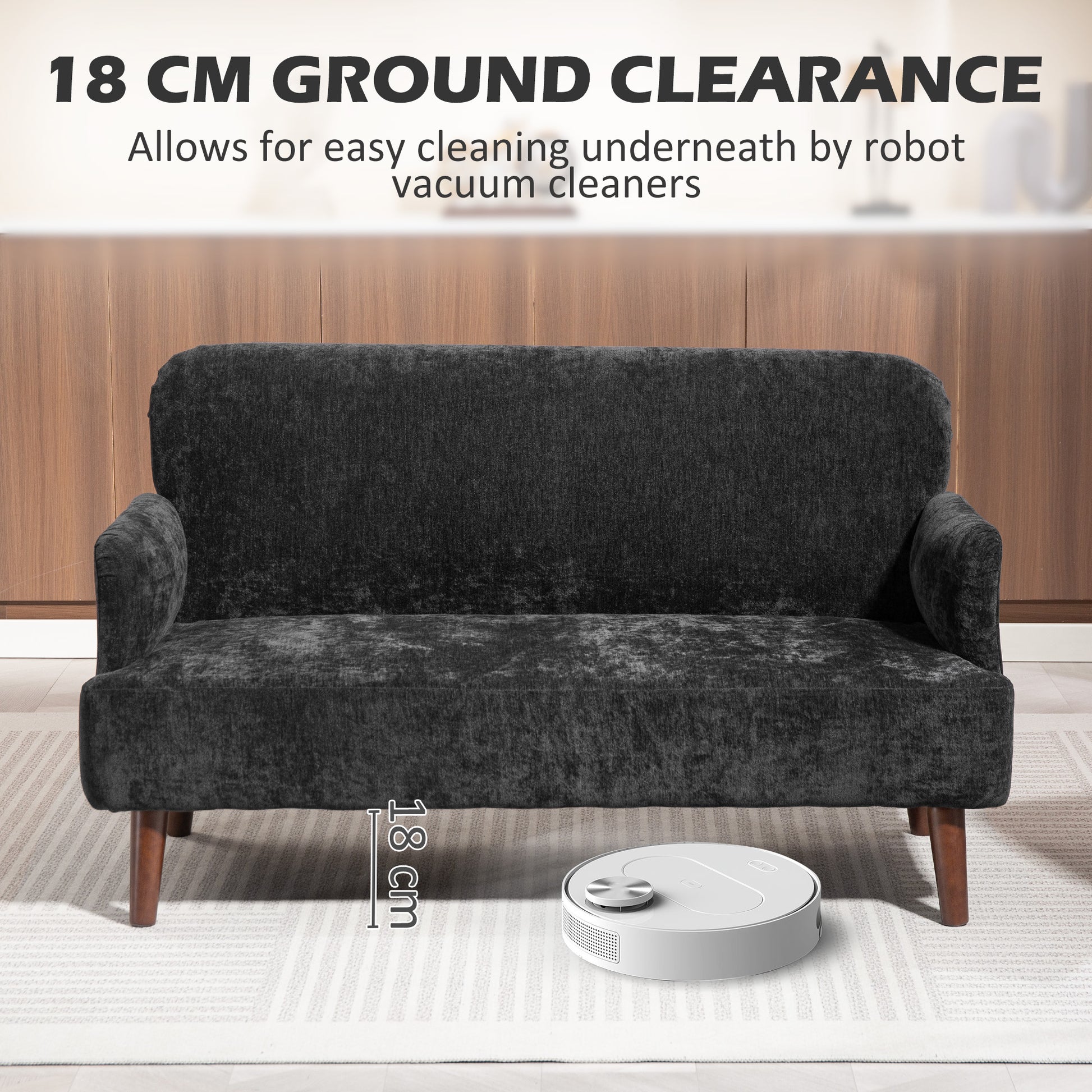 Velvet Fabric 2 Seater Sofa, 8.3" Thick Padding, Wood Legs, Black Loveseat (65 characters)-DECOROLALA