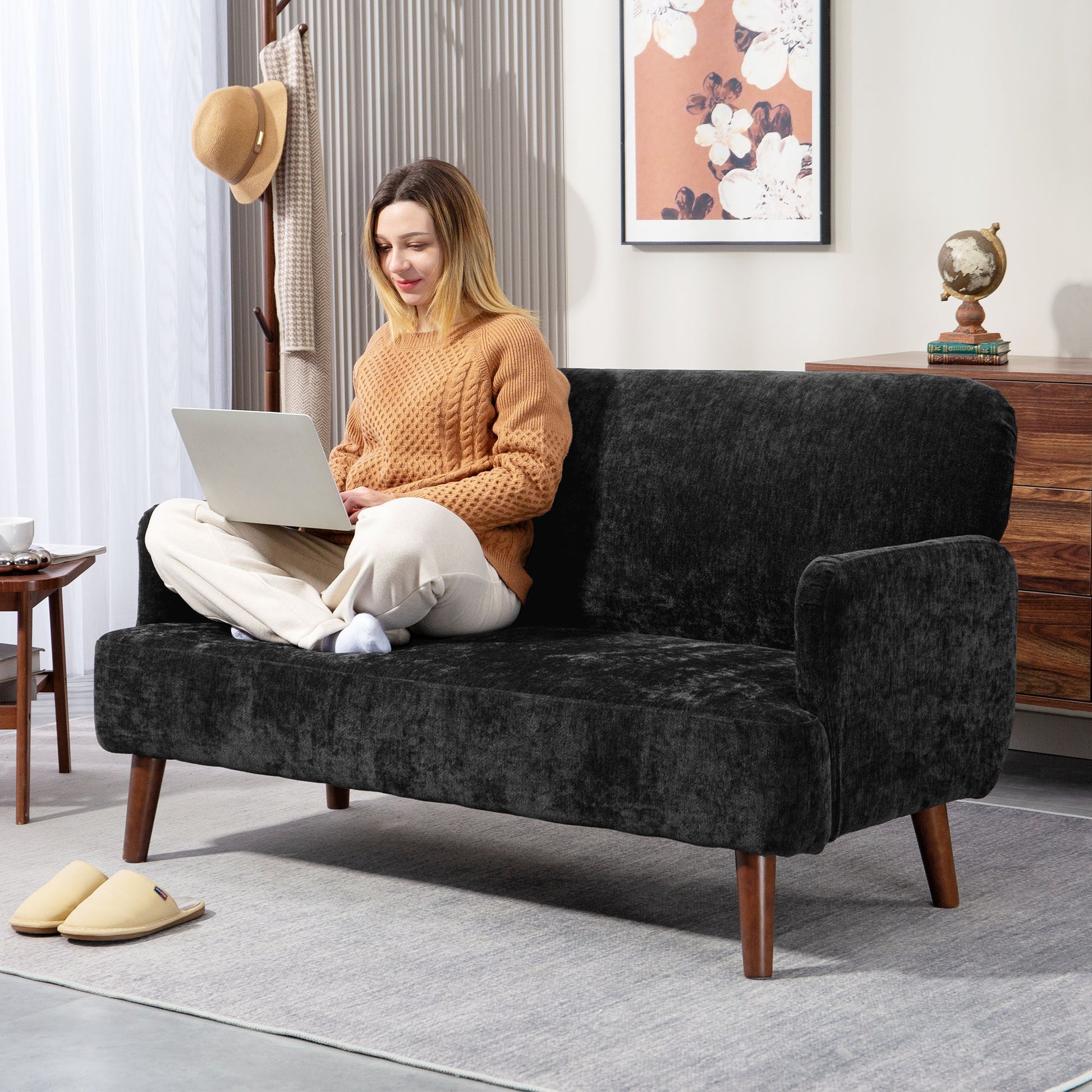 Velvet Fabric 2 Seater Sofa, 8.3" Thick Padding, Wood Legs, Black Loveseat (65 characters)-DECOROLALA
