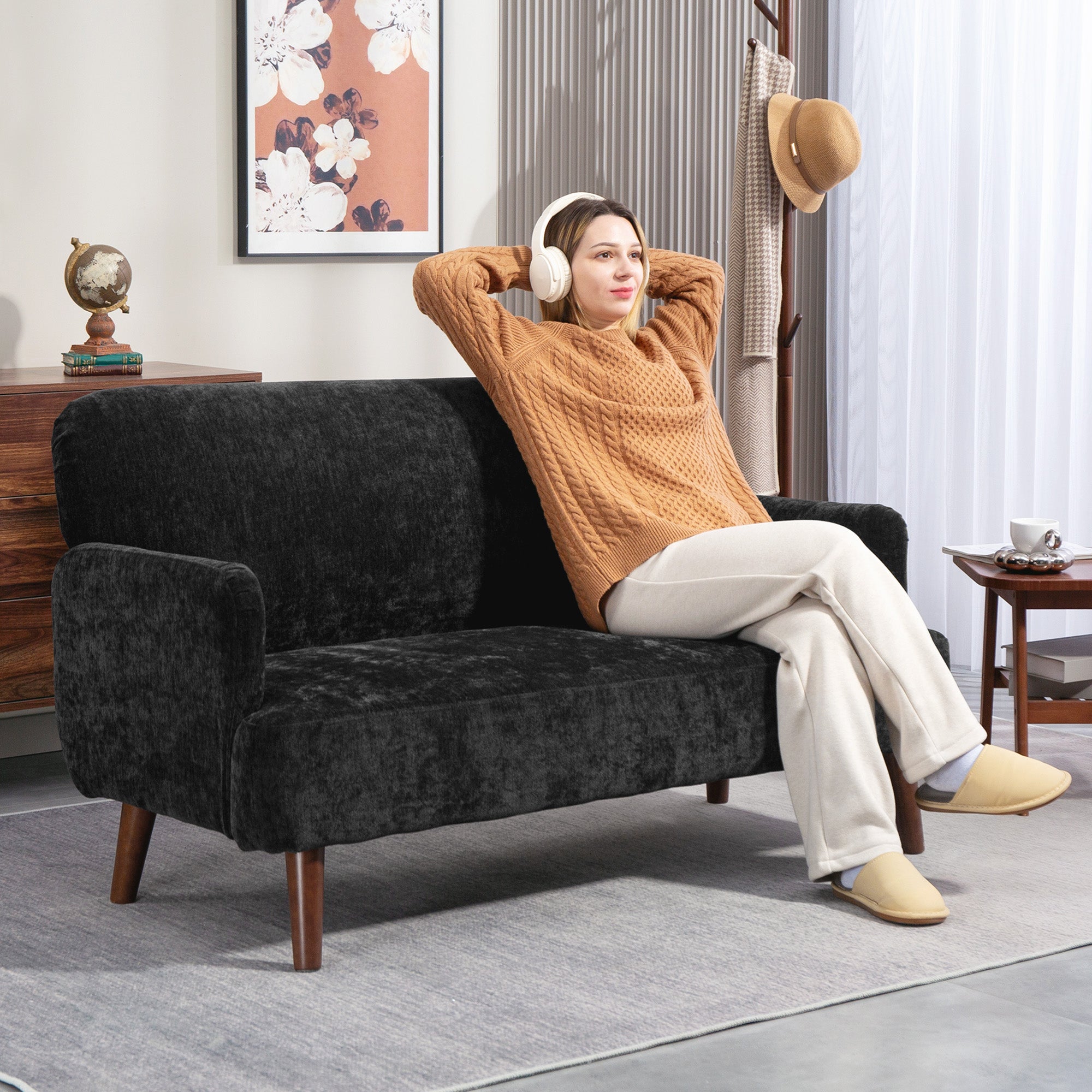 Velvet Fabric 2 Seater Sofa, 8.3" Thick Padding, Wood Legs, Black Loveseat (65 characters)-DECOROLALA