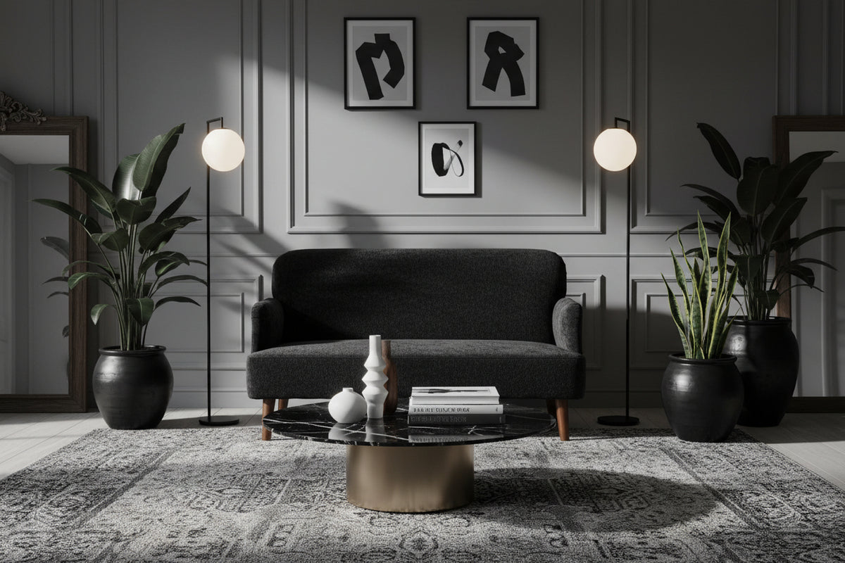 Velvet Fabric 2 Seater Sofa, 8.3" Thick Padding, Wood Legs, Black Loveseat (65 characters)-DECOROLALA