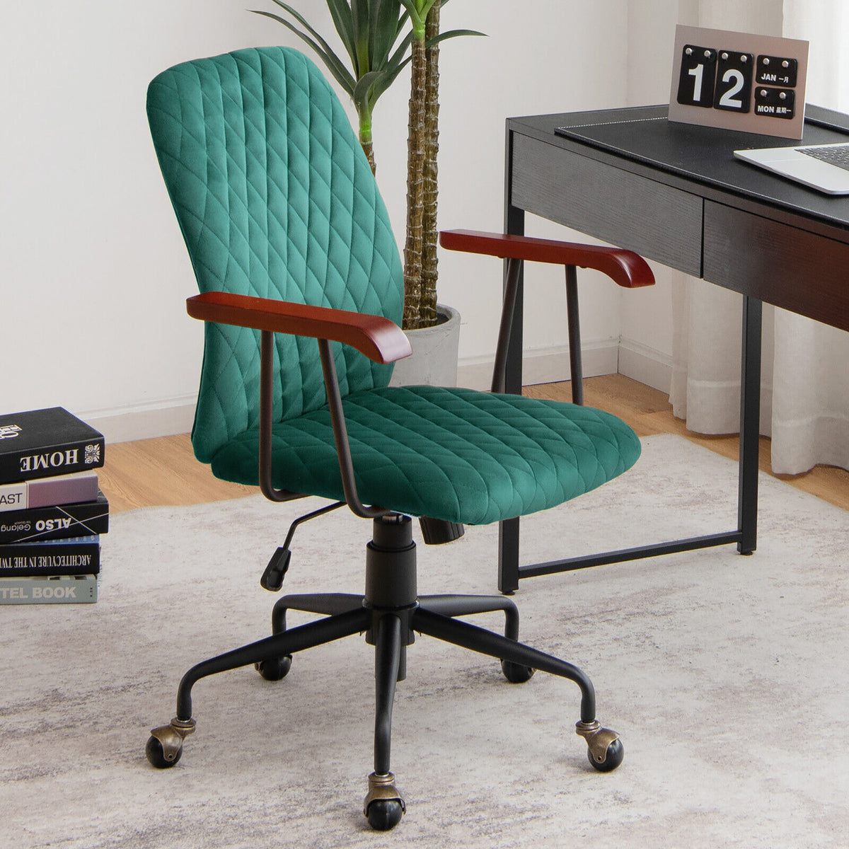 Velvet Home Office Chair with Wooden Armrest-Green-Office Leisure Chairs-DECOROLALA