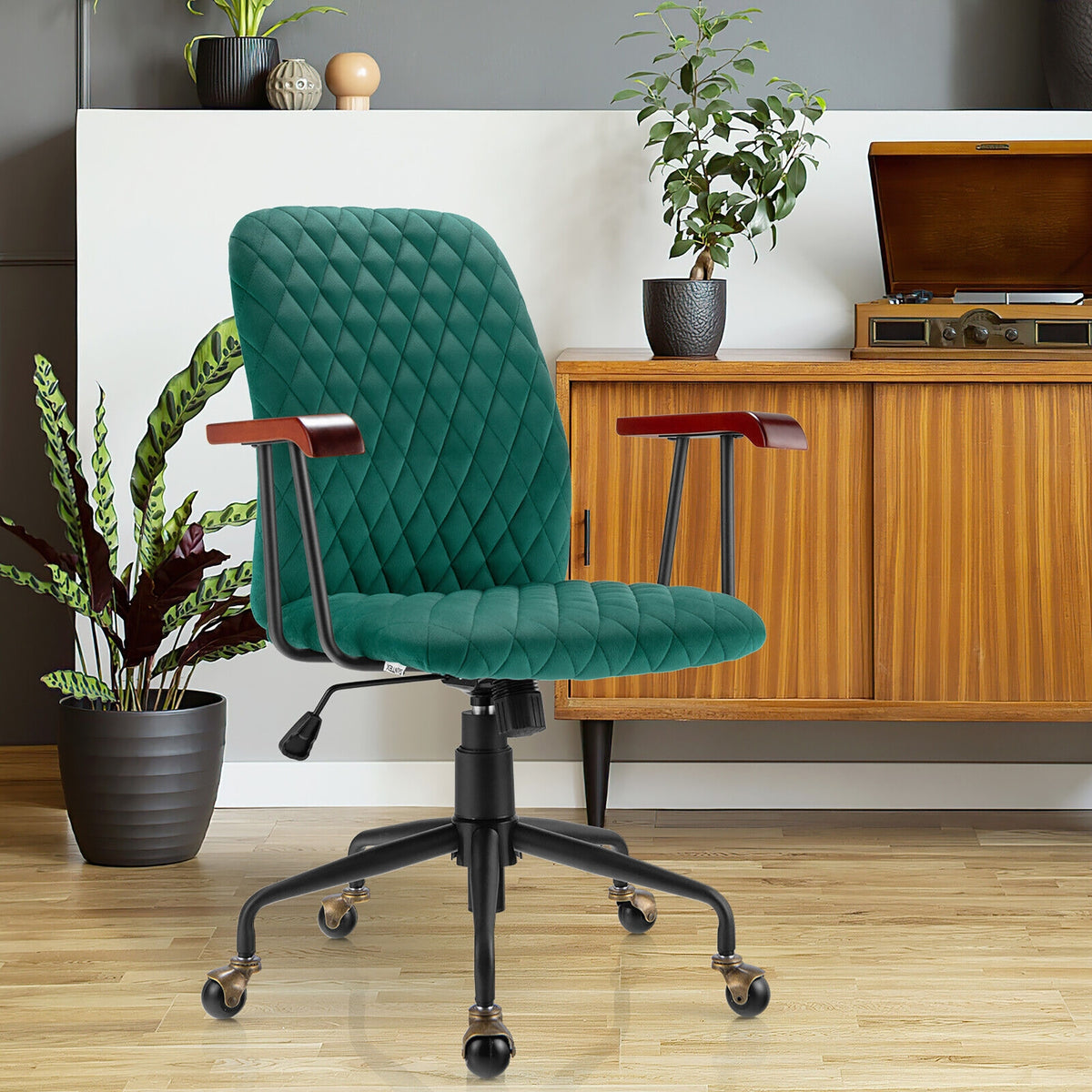 Velvet Home Office Chair with Wooden Armrest-Green-Office Leisure Chairs-DECOROLALA
