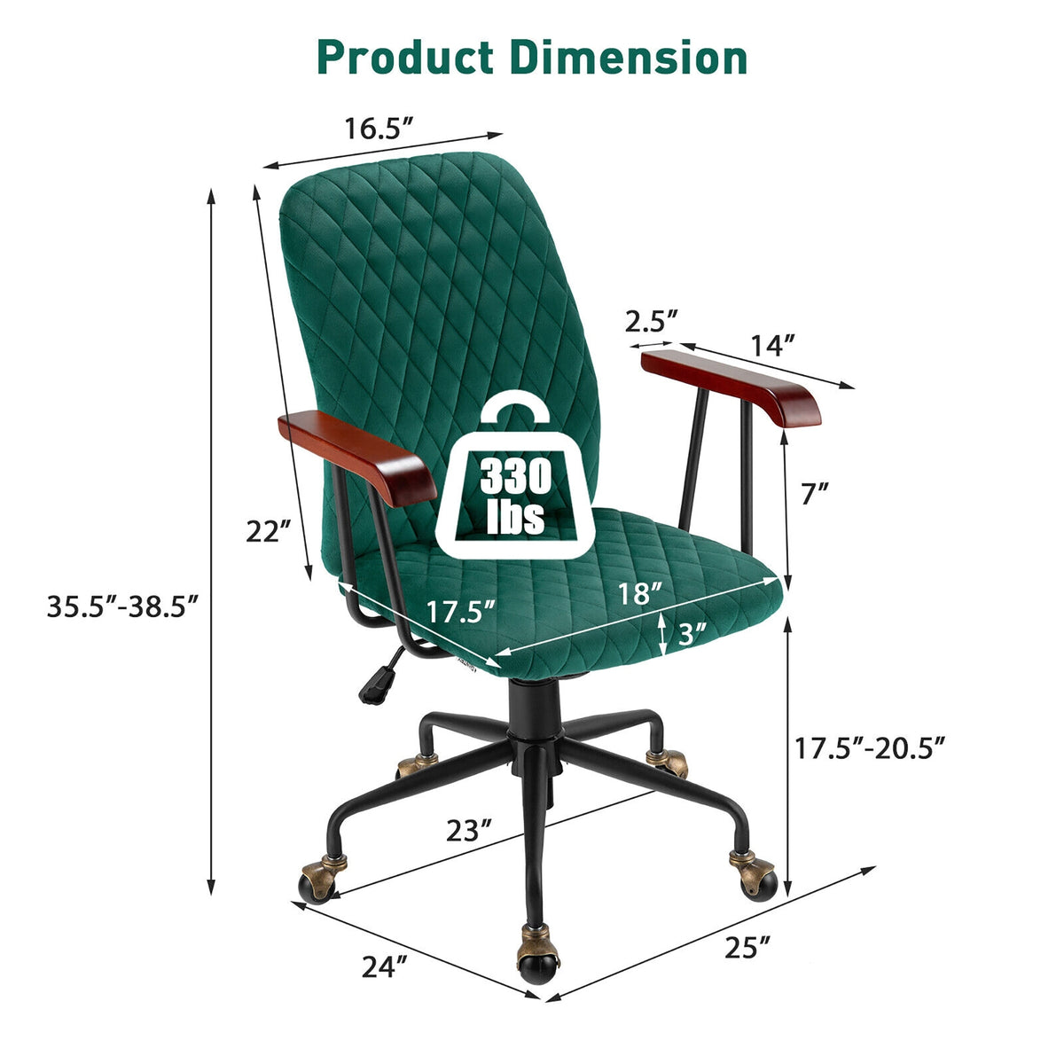 Velvet Home Office Chair with Wooden Armrest-Green-Office Leisure Chairs-DECOROLALA