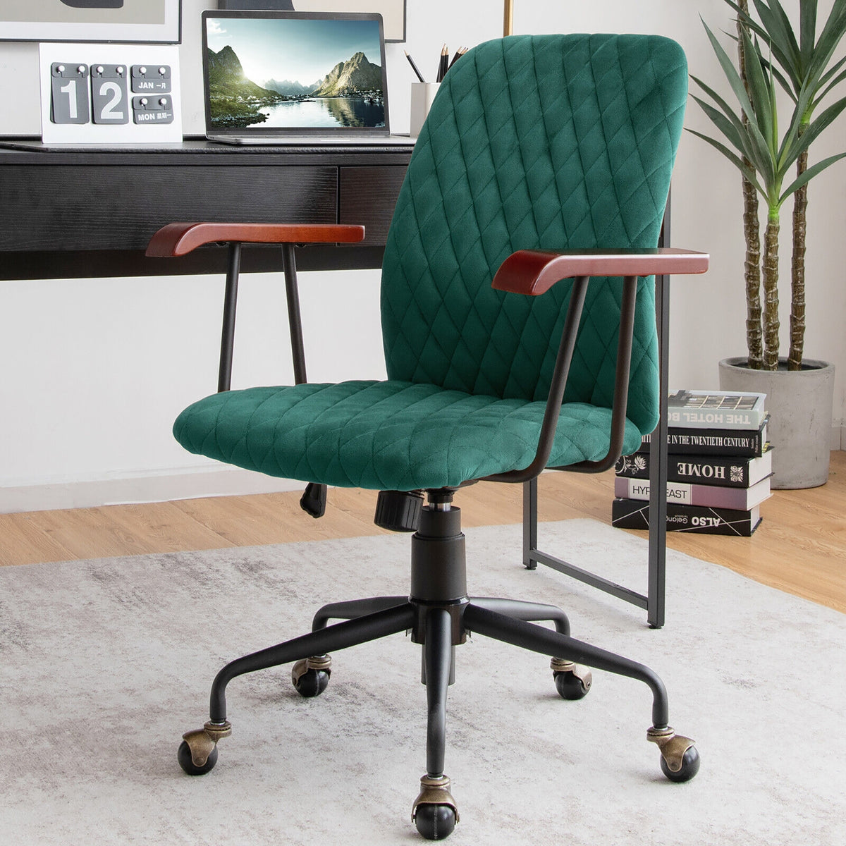 Velvet Home Office Chair with Wooden Armrest-Green-Office Leisure Chairs-DECOROLALA