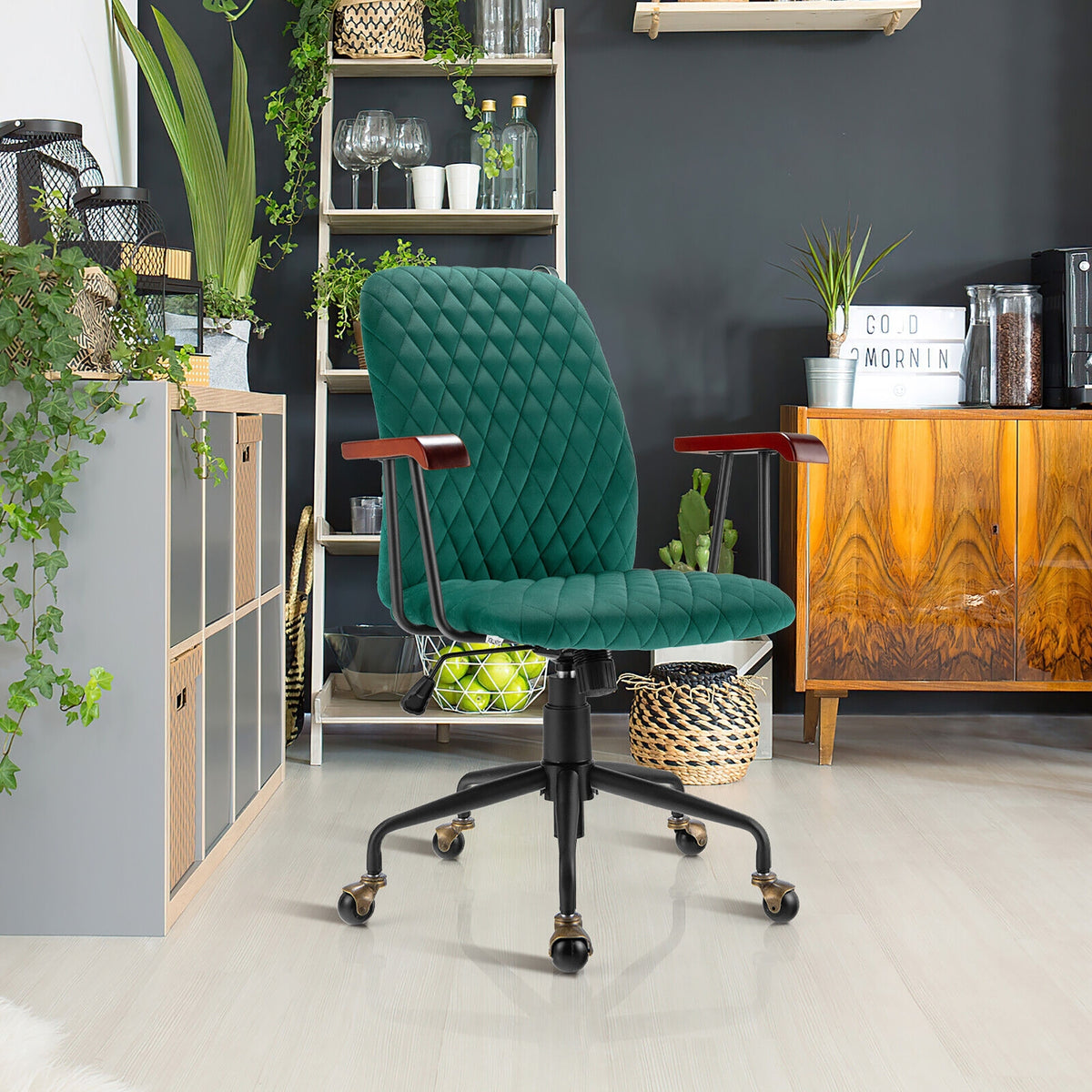 Velvet Home Office Chair with Wooden Armrest-Green-Office Leisure Chairs-DECOROLALA