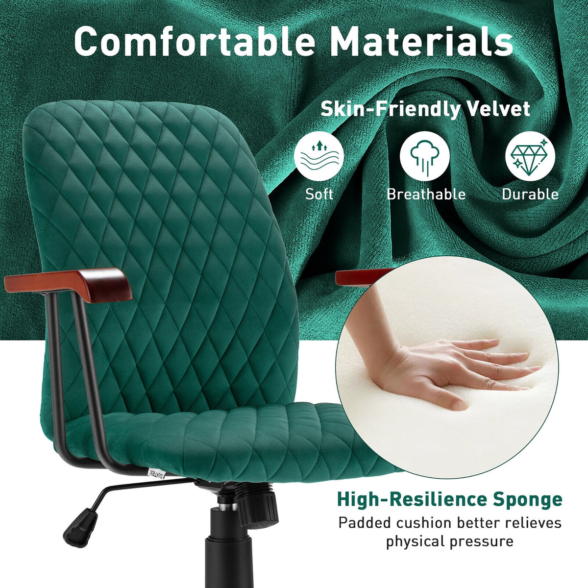 Velvet Home Office Chair with Wooden Armrest-Green-Office Leisure Chairs-DECOROLALA