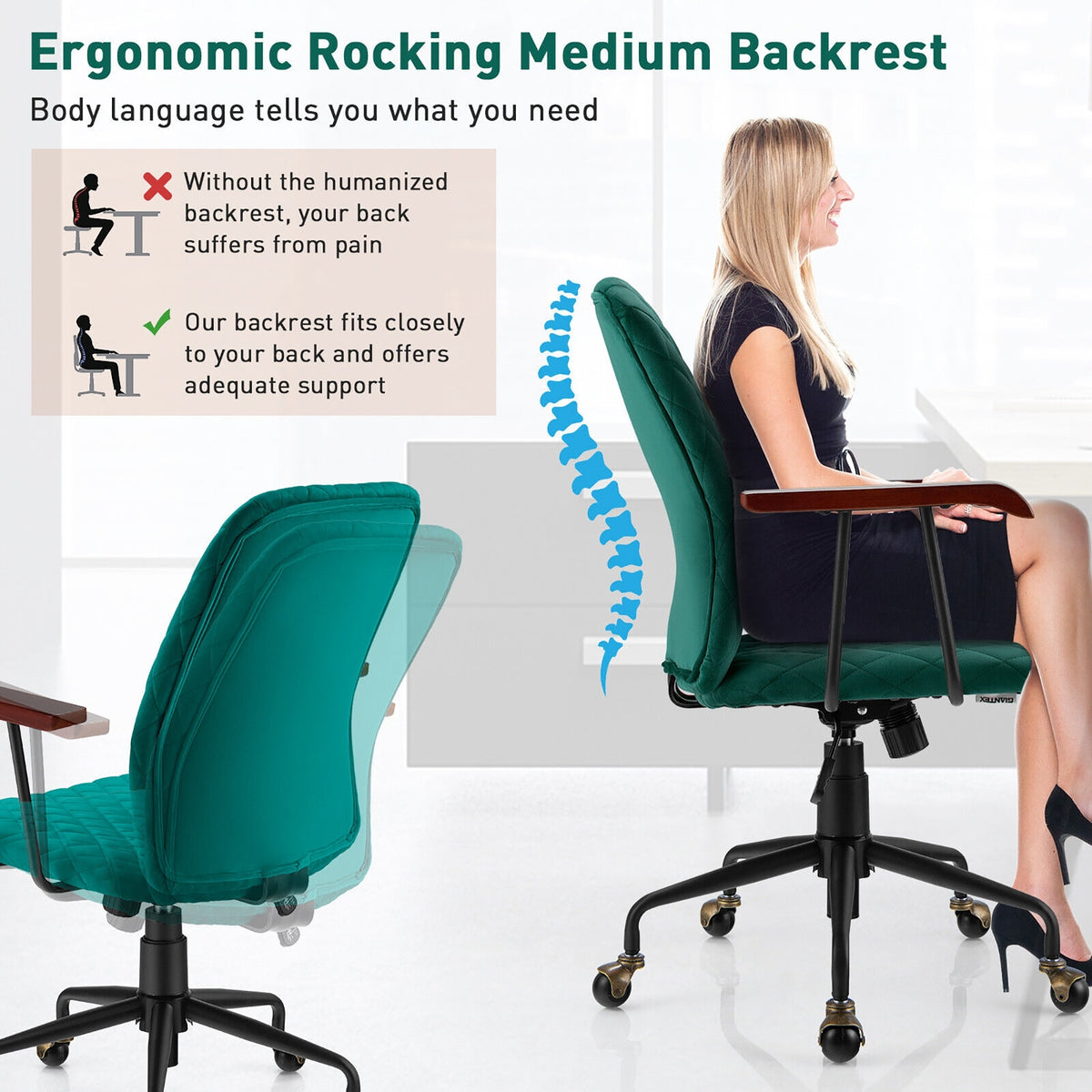 Velvet Home Office Chair with Wooden Armrest-Green-Office Leisure Chairs-DECOROLALA