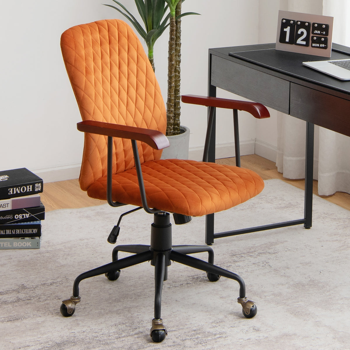 Velvet Home Office Chair with Wooden Armrest Orange-Office Leisure Chairs-DECOROLALA