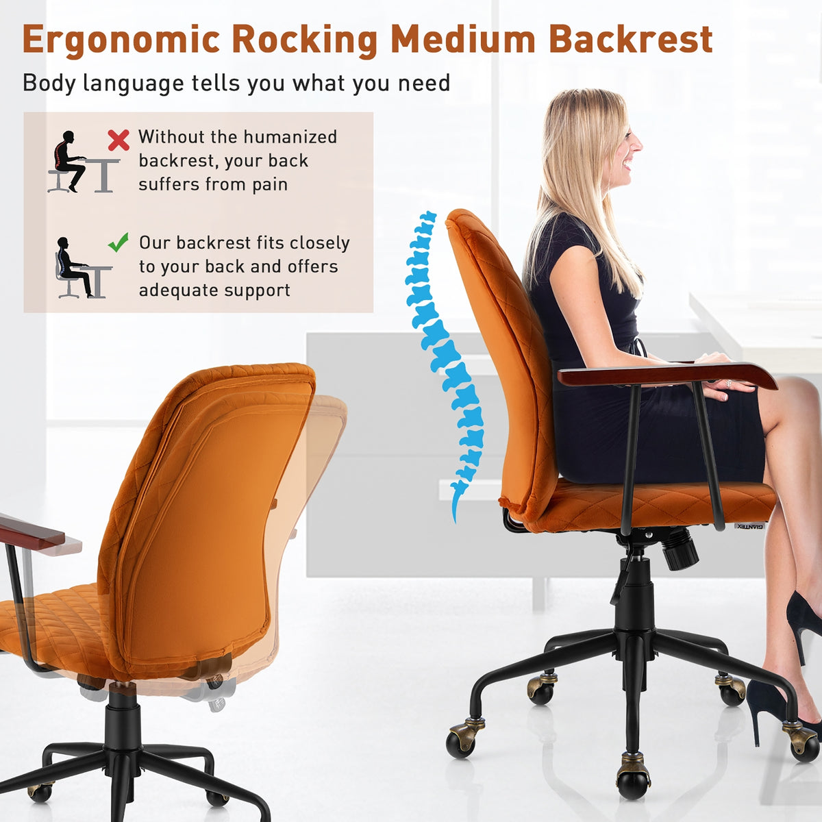 Velvet Home Office Chair with Wooden Armrest Orange-Office Leisure Chairs-DECOROLALA