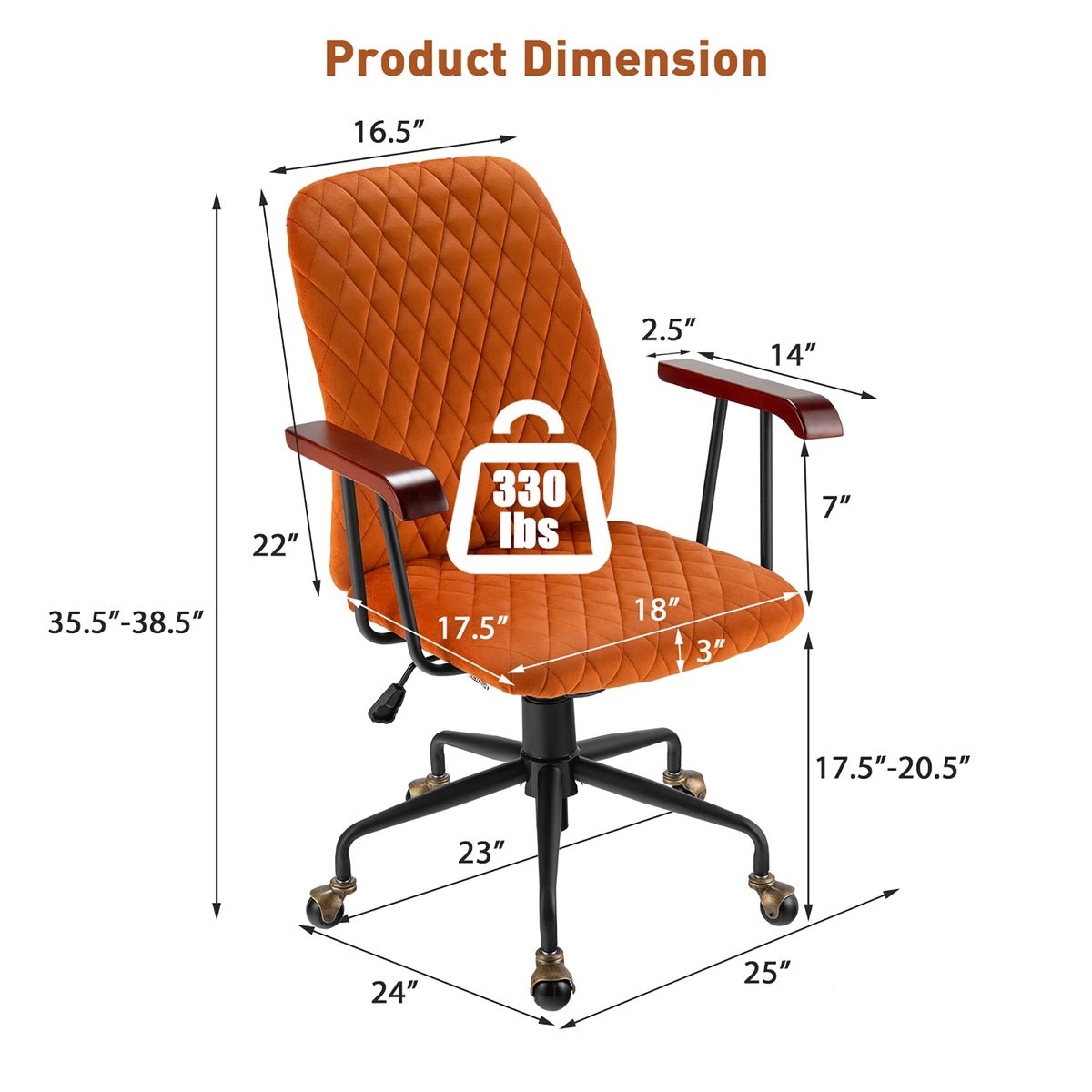 Velvet Home Office Chair with Wooden Armrest Orange-Office Leisure Chairs-DECOROLALA