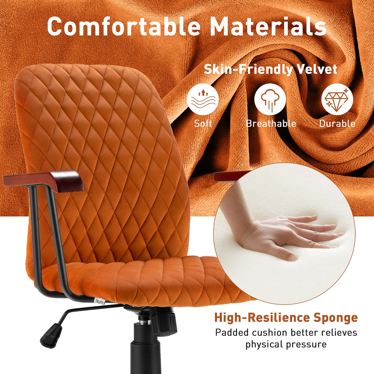 Velvet Home Office Chair with Wooden Armrest Orange-Office Leisure Chairs-DECOROLALA
