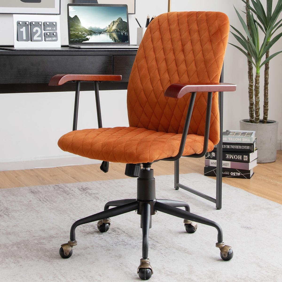 Velvet Home Office Chair with Wooden Armrest Orange-Office Leisure Chairs-DECOROLALA