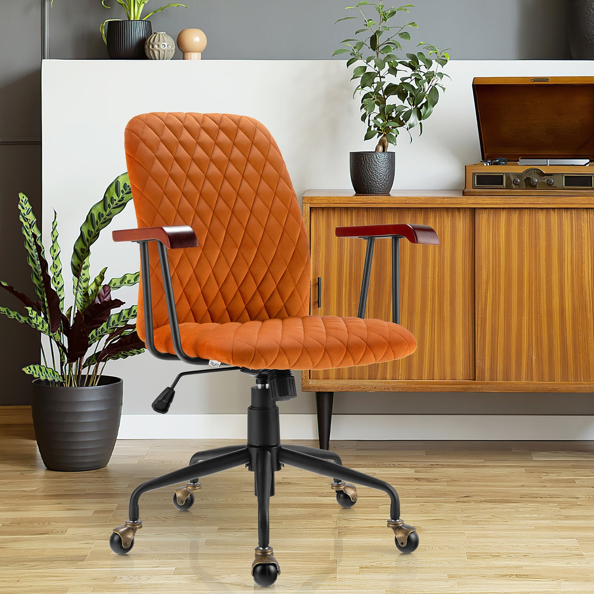 Velvet Home Office Chair with Wooden Armrest Orange-Office Leisure Chairs-DECOROLALA