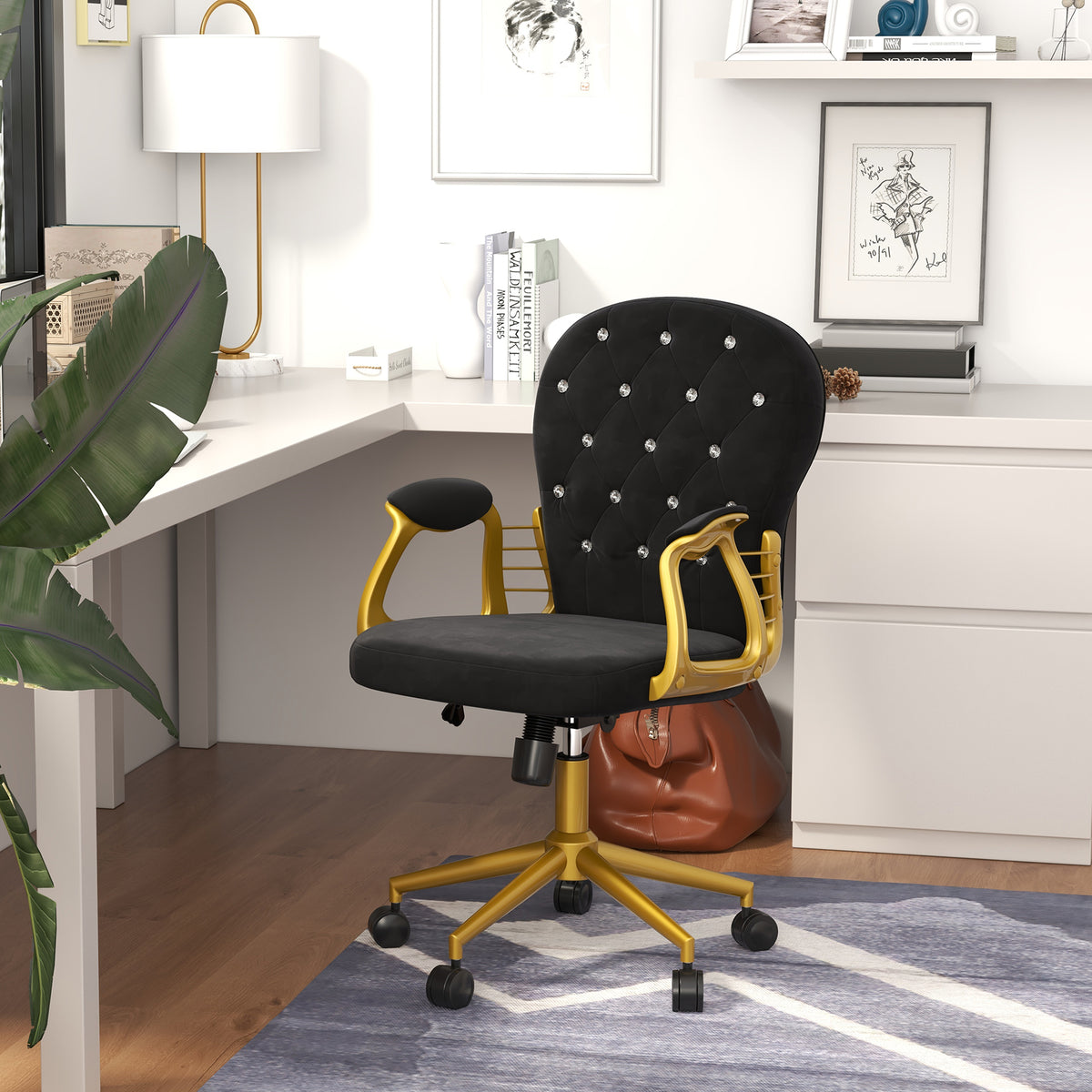 Velvet Office Chair - Black Tufted Swivel Vanity Chair-Office Products > Office Furniture > Office Chairs > Task Chairs-DECOROLALA