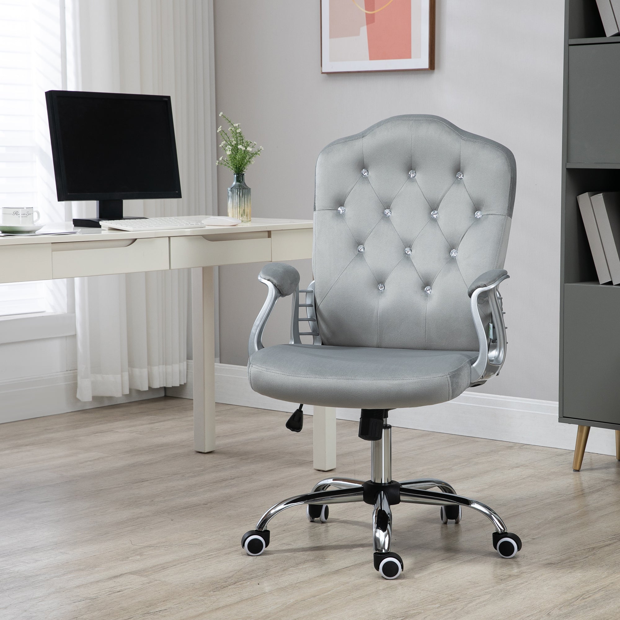 Velvet Office Chair - Grey Button Tufted Task Chair-Office Products > Office Furniture > Office Chairs > Task Chairs-DECOROLALA