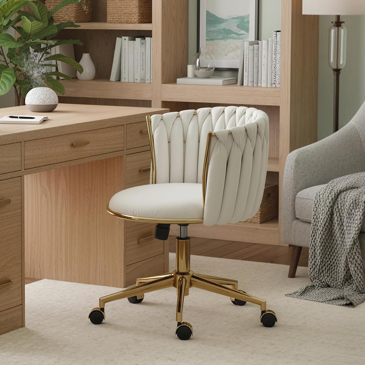 Velvet Office Vanity Chair - Woven Back Cream White-Office Products > Office Furniture > Office Chairs > Task Chairs-DECOROLALA