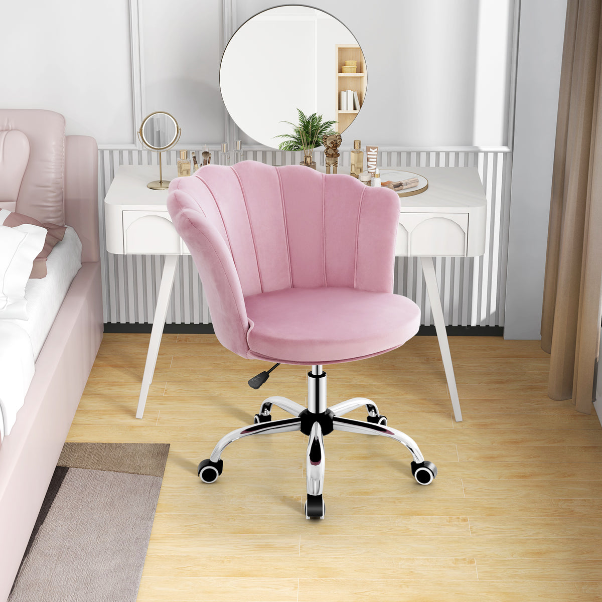 Velvet Petal Shell Office Chair with Wheels and Seashell Back-Pink-Office Leisure Chairs-DECOROLALA