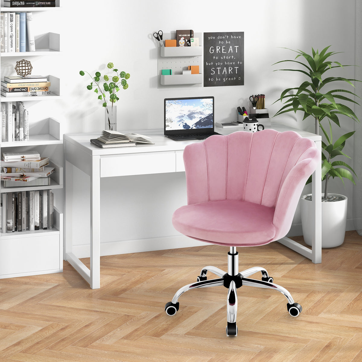 Velvet Petal Shell Office Chair with Wheels and Seashell Back-Pink-Office Leisure Chairs-DECOROLALA