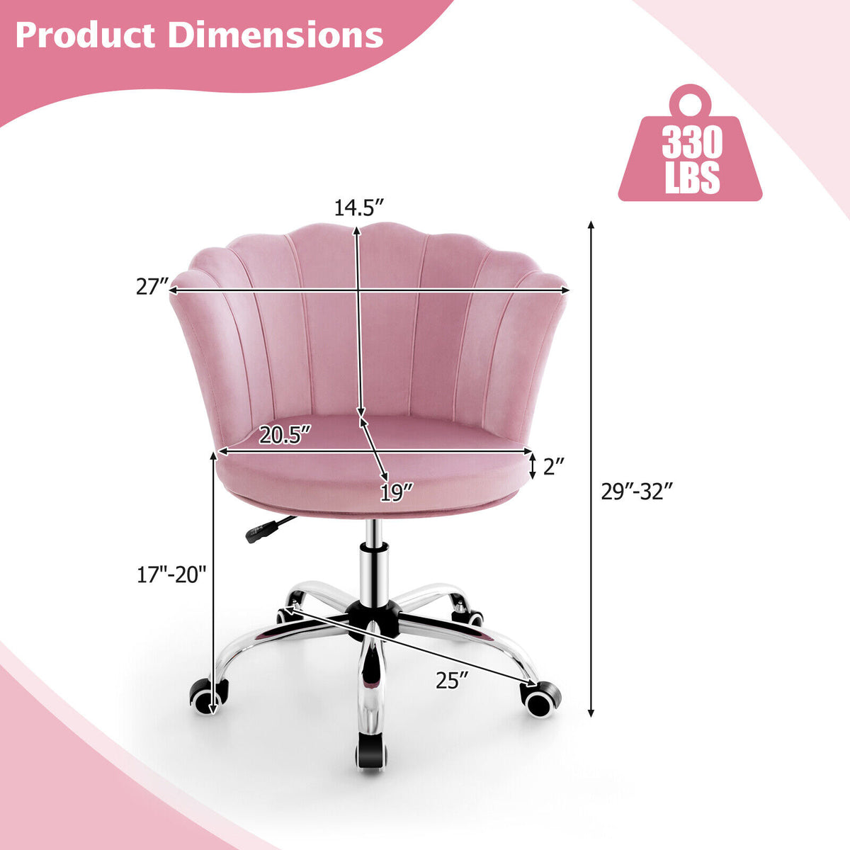 Velvet Petal Shell Office Chair with Wheels and Seashell Back-Pink-Office Leisure Chairs-DECOROLALA