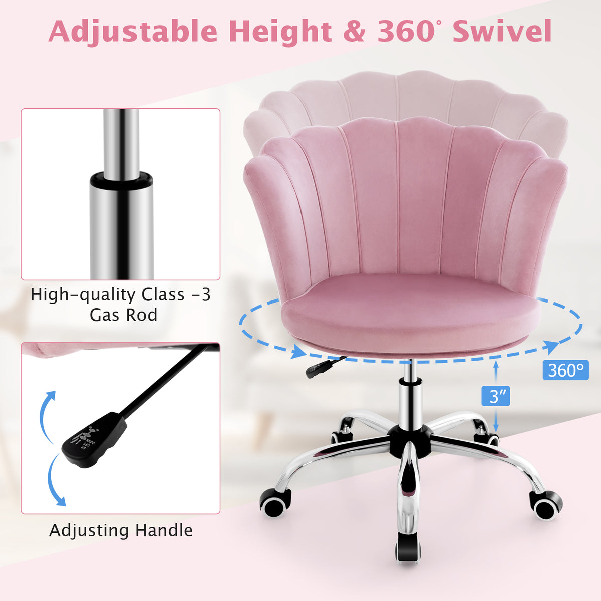 Velvet Petal Shell Office Chair with Wheels and Seashell Back-Pink-Office Leisure Chairs-DECOROLALA