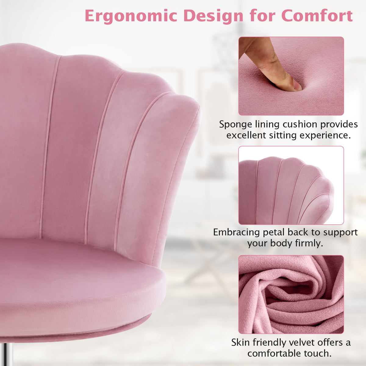 Velvet Petal Shell Office Chair with Wheels and Seashell Back-Pink-Office Leisure Chairs-DECOROLALA