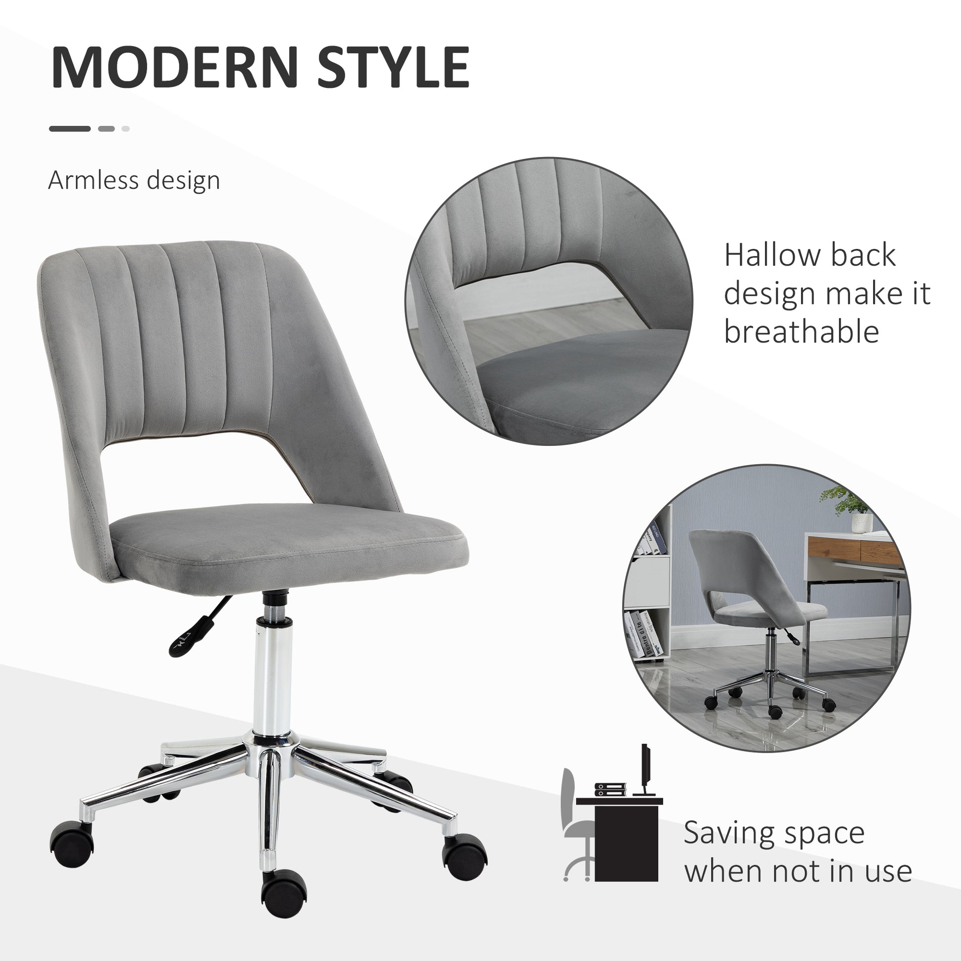 Velvet Swivel Office Chair - Grey Scallop Shape Desk Chair-Office Products > Office Furniture > Office Chairs > Task Chairs-DECOROLALA