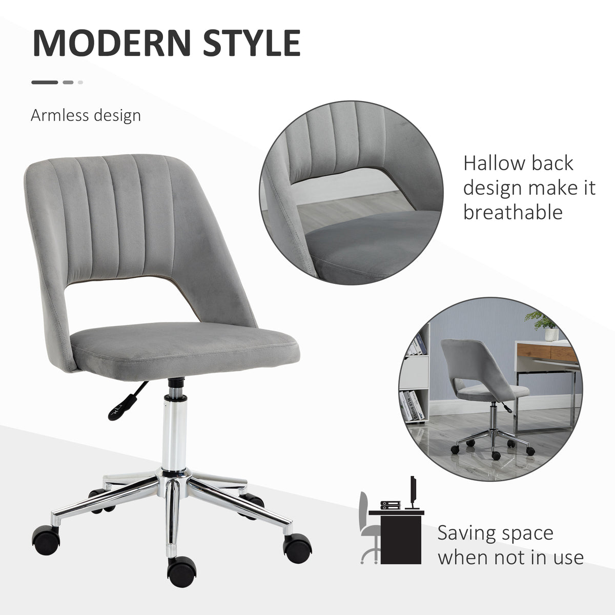 Velvet Swivel Office Chair - Grey Scallop Shape Desk Chair-Office Products > Office Furniture > Office Chairs > Task Chairs-DECOROLALA