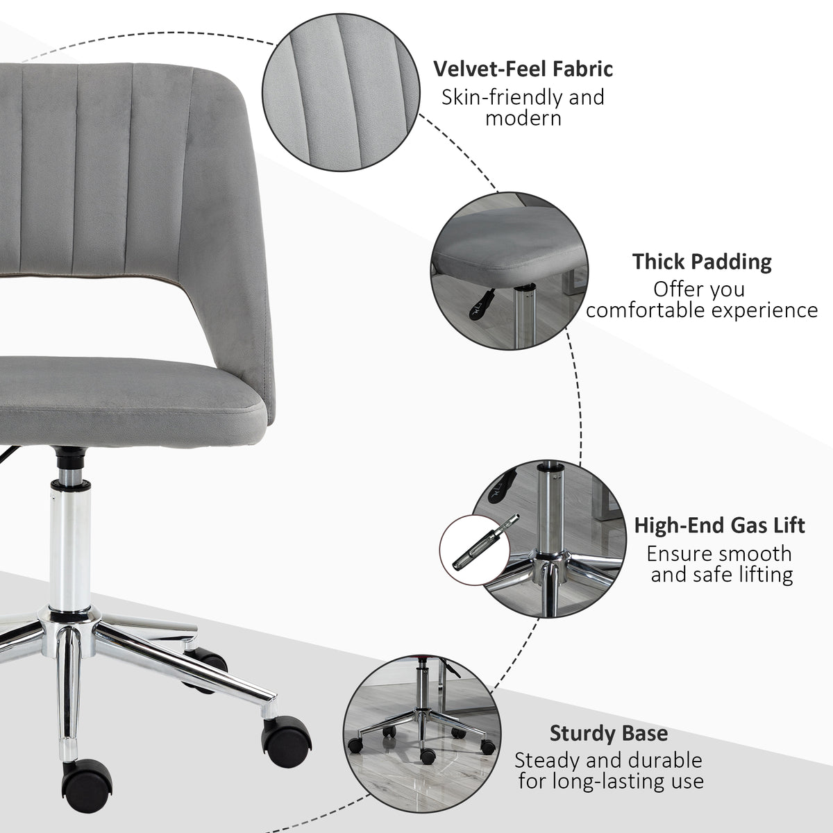 Velvet Swivel Office Chair - Grey Scallop Shape Desk Chair-Office Products > Office Furniture > Office Chairs > Task Chairs-DECOROLALA