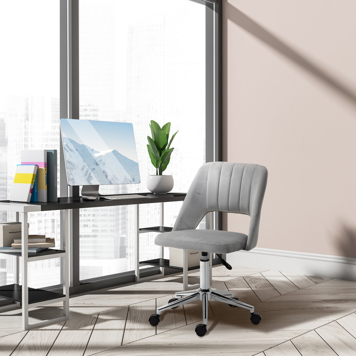 Velvet Swivel Office Chair - Grey Scallop Shape Desk Chair-Office Products > Office Furniture > Office Chairs > Task Chairs-DECOROLALA