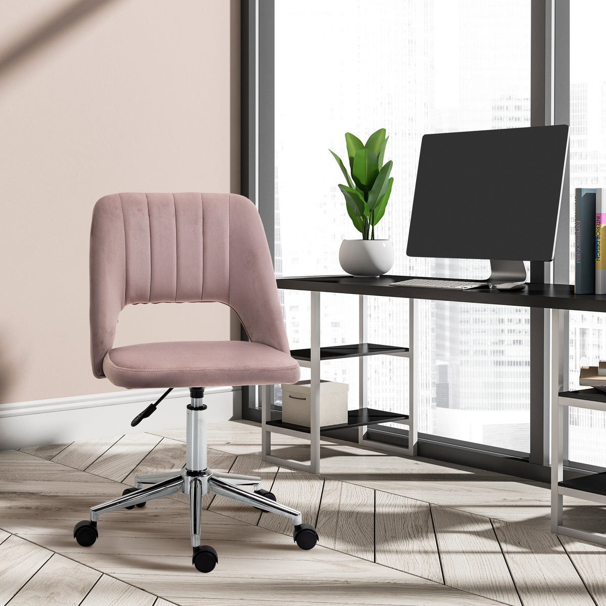 Velvet Swivel Office Chair - Pink Scallop Desk Chair-Office Products > Office Furniture > Office Chairs-DECOROLALA