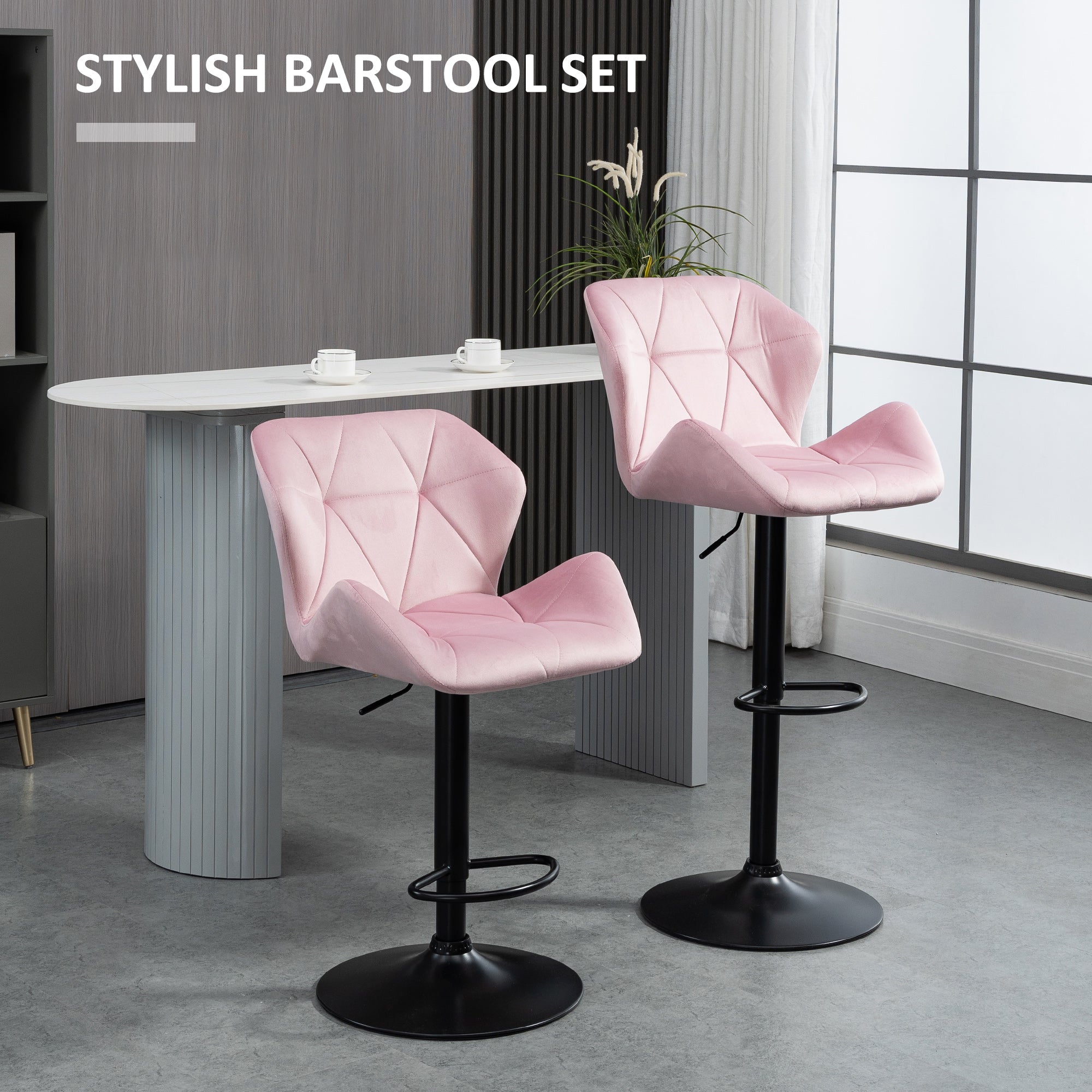 Velvet-Touch Bar Stool Set 2 - Pink Fabric Adjustable Height Swivel Stools-DECOROLALA