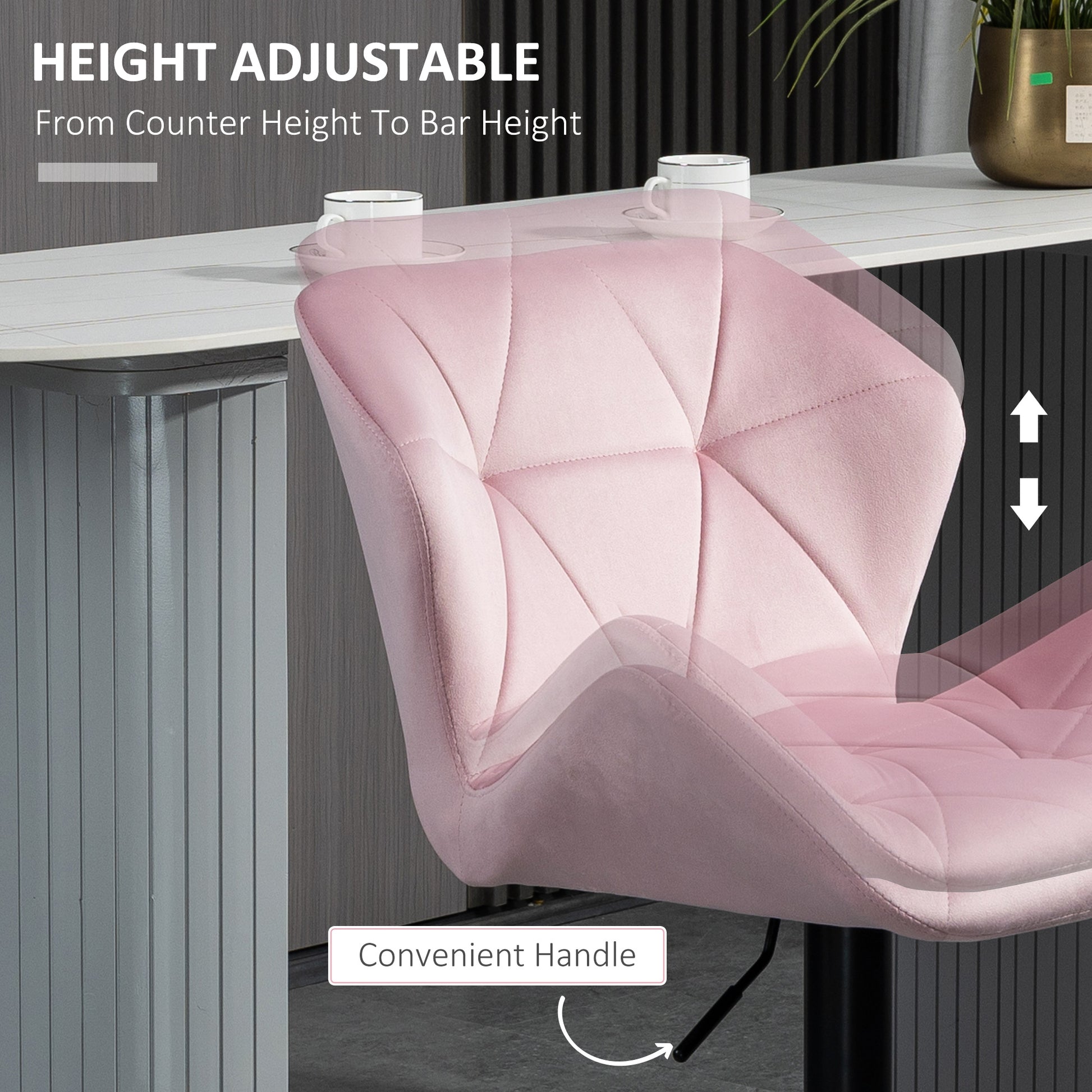 Velvet-Touch Bar Stool Set 2 - Pink Fabric Adjustable Height Swivel Stools-DECOROLALA