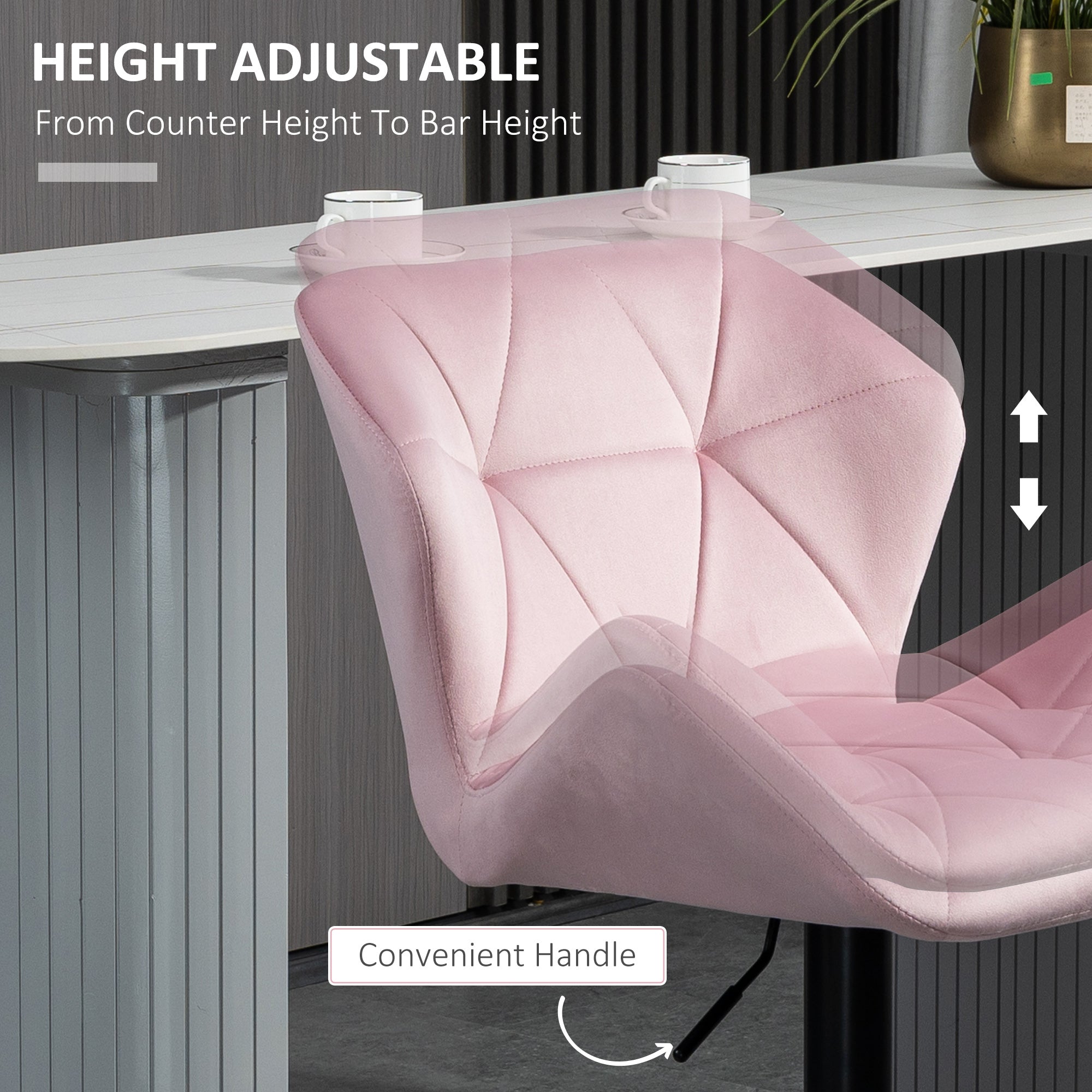 Velvet-Touch Bar Stool Set 2 - Pink Fabric Adjustable Height Swivel Stools-DECOROLALA