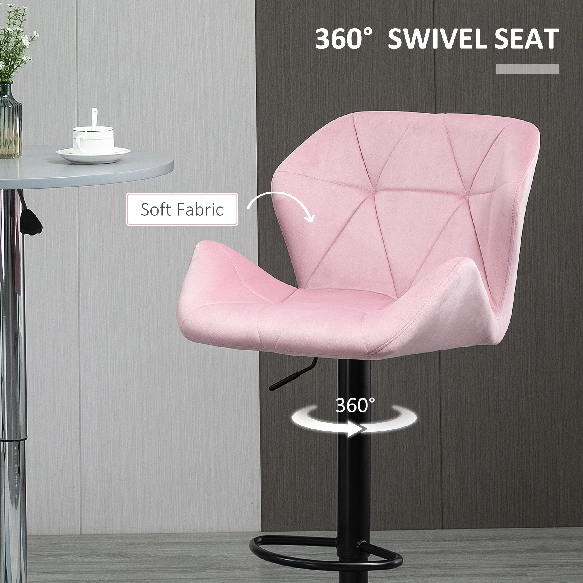 Velvet-Touch Bar Stool Set 2 - Pink Fabric Adjustable Height Swivel Stools-DECOROLALA