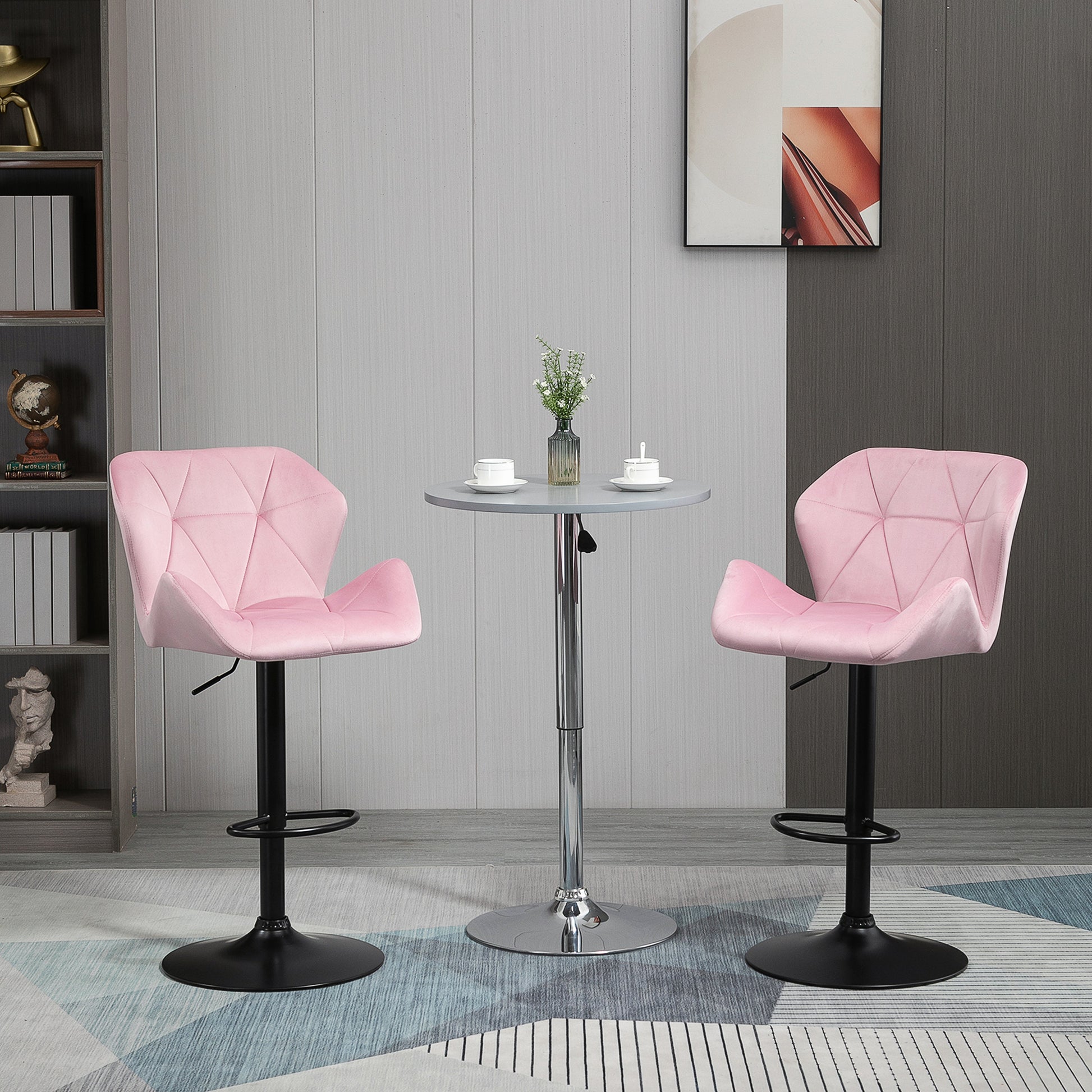 Velvet-Touch Bar Stool Set 2 - Pink Fabric Adjustable Height Swivel Stools-DECOROLALA