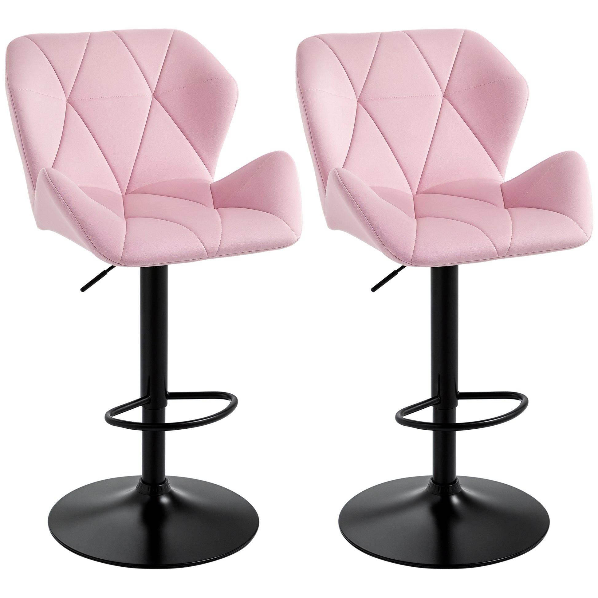 Velvet-Touch Bar Stool Set 2 - Pink Fabric Adjustable Height Swivel Stools-DECOROLALA
