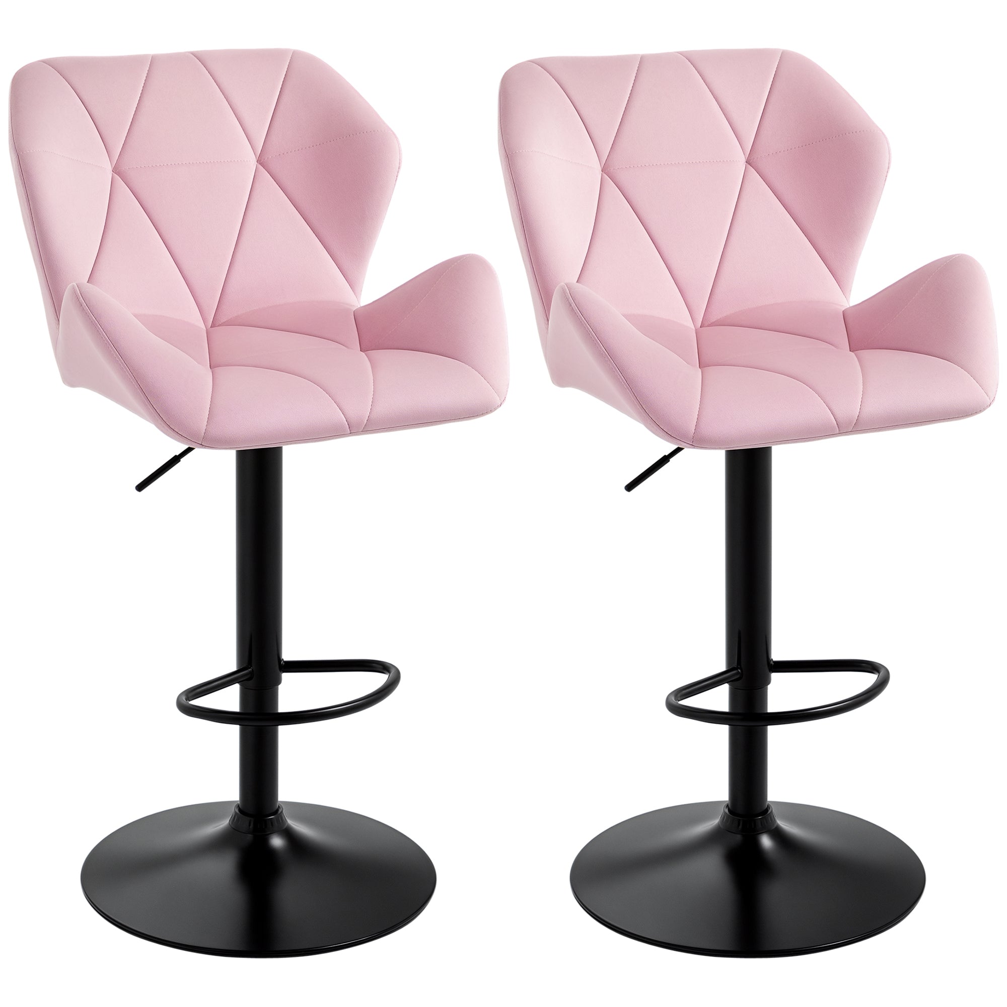 Velvet-Touch Bar Stool Set 2 - Pink Fabric Adjustable Height Swivel Stools-DECOROLALA