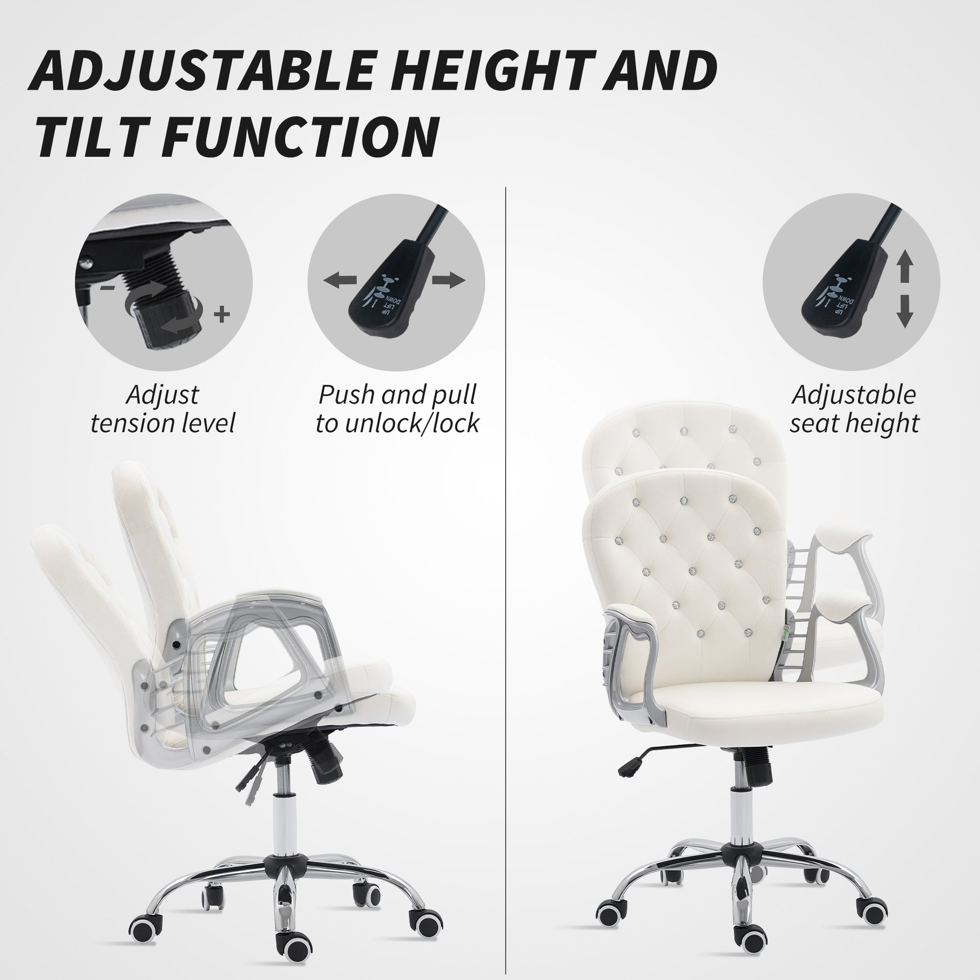 Velvet Tufted Office Chair - Cream White Adjustable Height-Office Products > Office Furniture > Office Chairs > Task Chairs-DECOROLALA