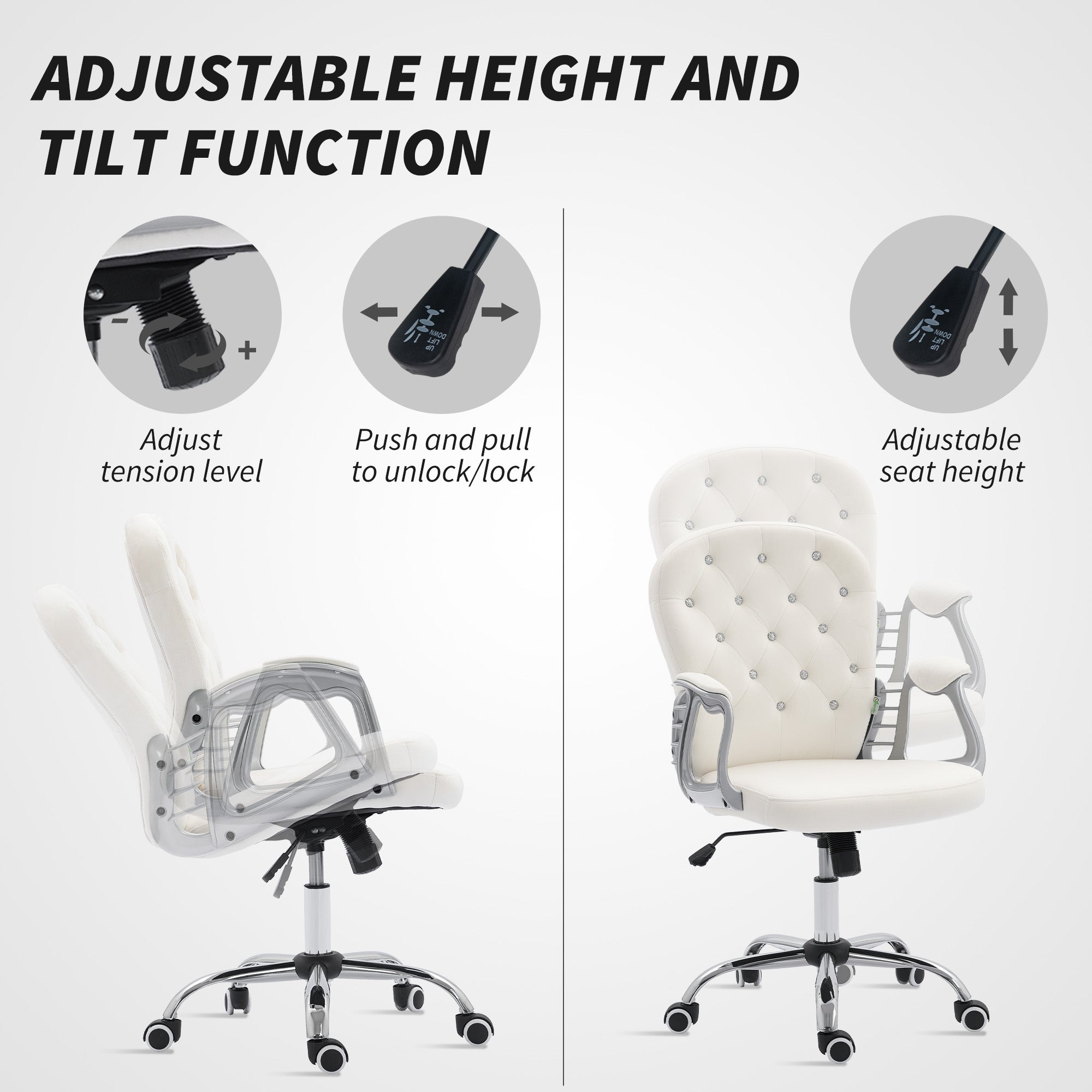 Velvet Tufted Office Chair - Cream White Adjustable Height-Office Products > Office Furniture > Office Chairs > Task Chairs-DECOROLALA