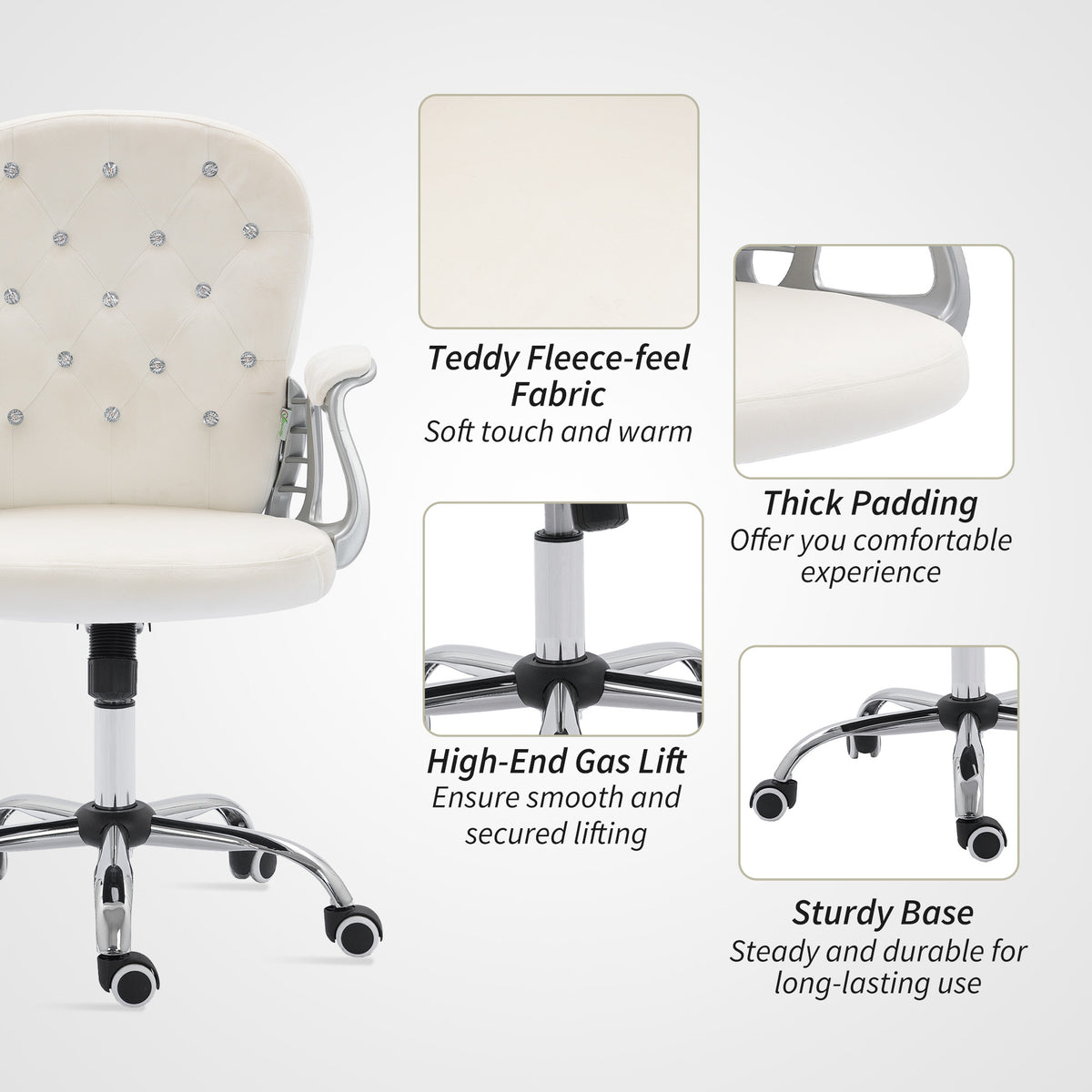 Velvet Tufted Office Chair - Cream White Adjustable Height-Office Products > Office Furniture > Office Chairs > Task Chairs-DECOROLALA