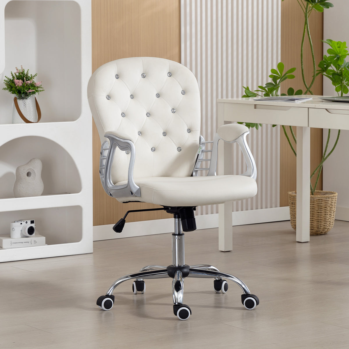 Velvet Tufted Office Chair - Cream White Adjustable Height-Office Products > Office Furniture > Office Chairs > Task Chairs-DECOROLALA
