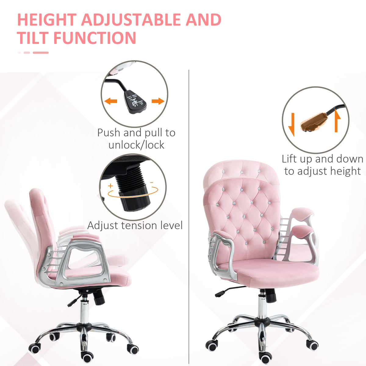 Velvet Tufted Office Chair - Pink Crystal Task Chair-Office Products > Office Furniture > Office Chairs > Task Chairs-DECOROLALA