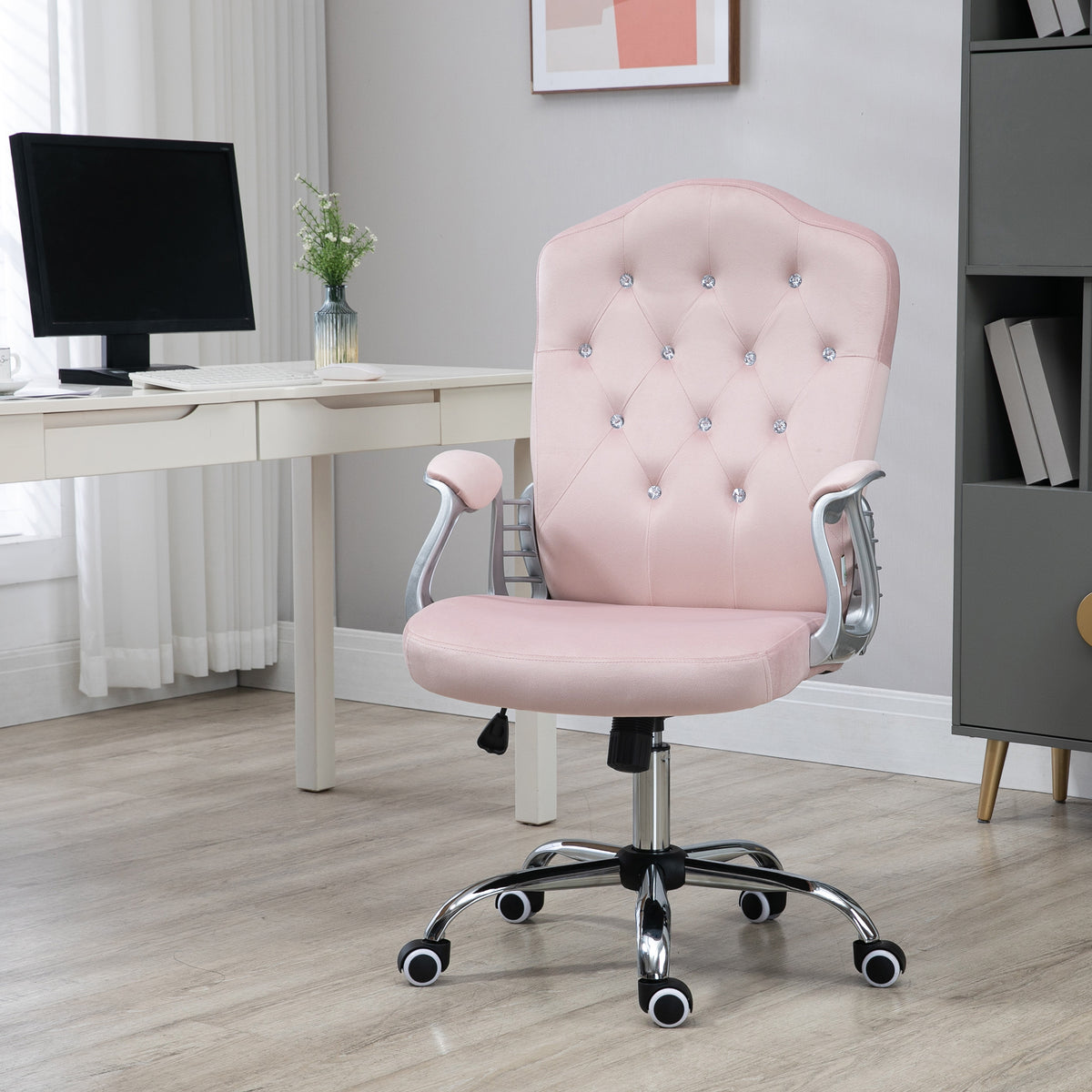Velvet Tufted Office Chair - Pink Swivel Desk Chair-Office Products > Office Furniture > Office Chairs > Task Chairs-DECOROLALA