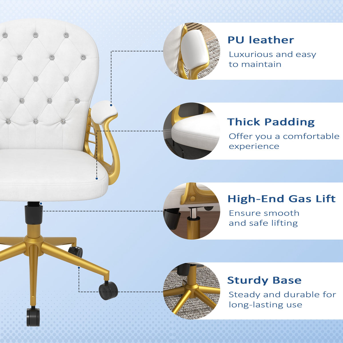 Velvet Tufted Office Desk Chair - Cream White & Gold-Office Products > Office Furniture > Office Chairs > Task Chairs-DECOROLALA