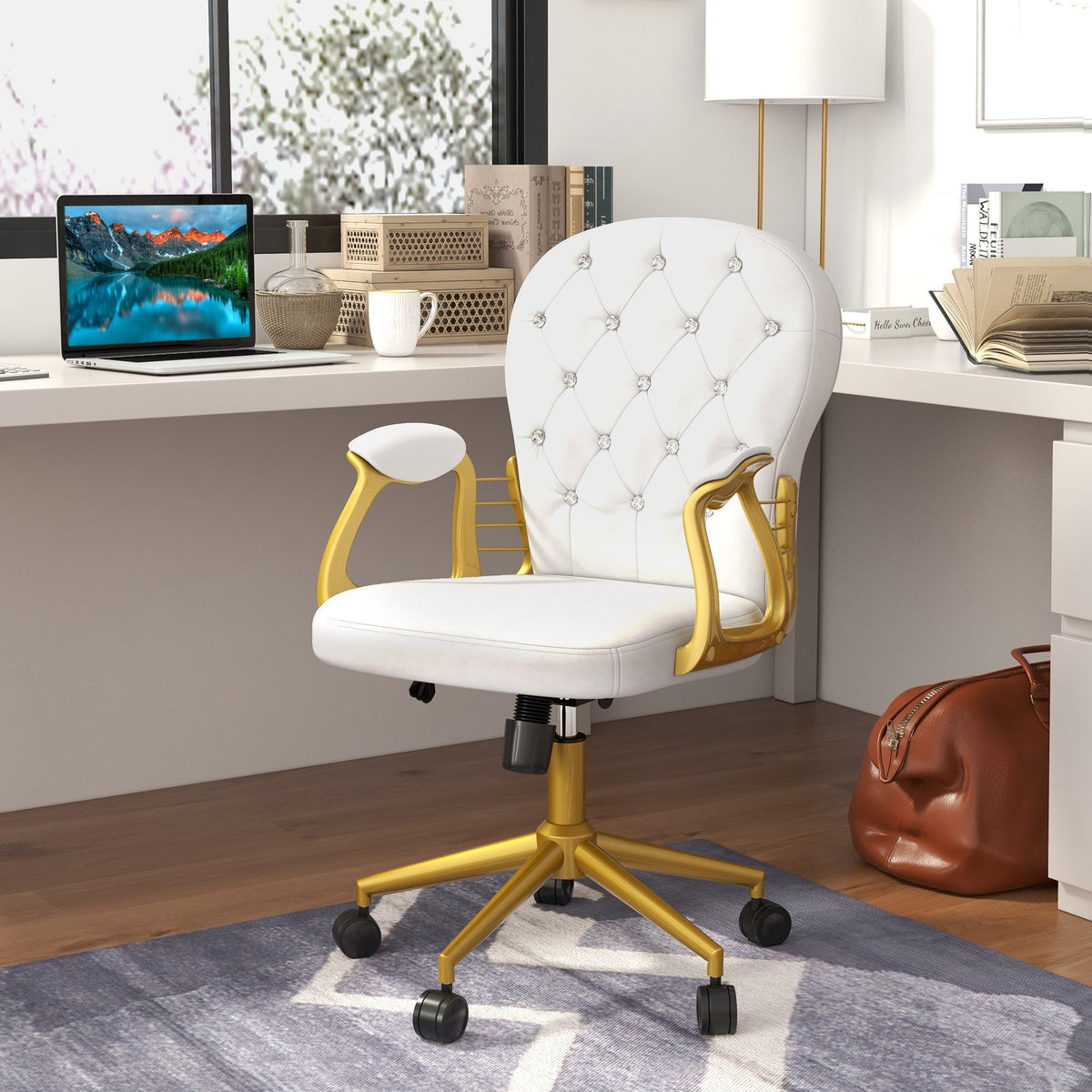 Velvet Tufted Office Desk Chair - Cream White & Gold-Office Products > Office Furniture > Office Chairs > Task Chairs-DECOROLALA