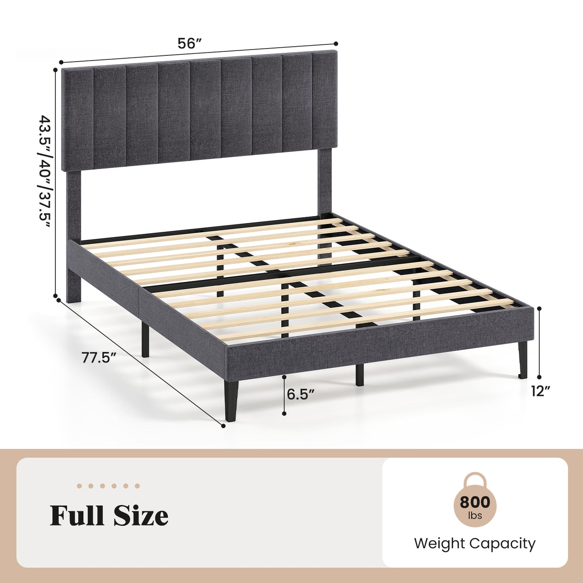 Velvet Upholstered Platform Bed with Height Adjustable Vertical Channel Headboard-Beds & Bed Frames-DECOROLALA