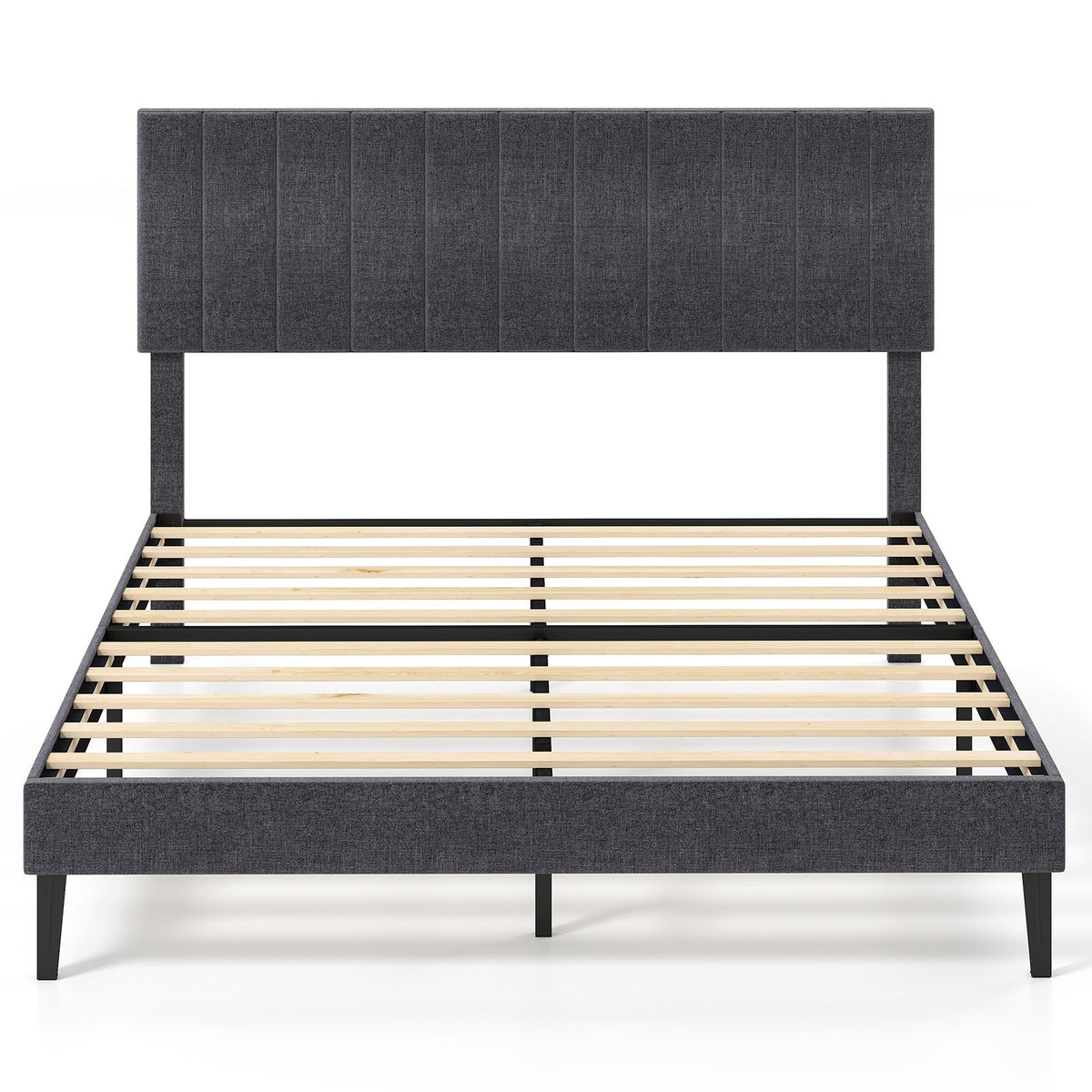 Velvet Upholstered Platform Bed with Height Adjustable Vertical Channel Headboard-Beds & Bed Frames-DECOROLALA