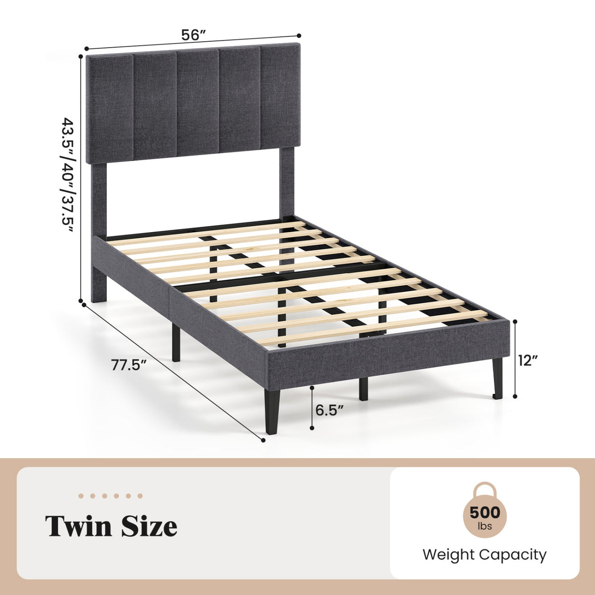 Velvet Upholstered Platform Bed with Height Adjustable Vertical Channel Headboard-Beds & Bed Frames-DECOROLALA