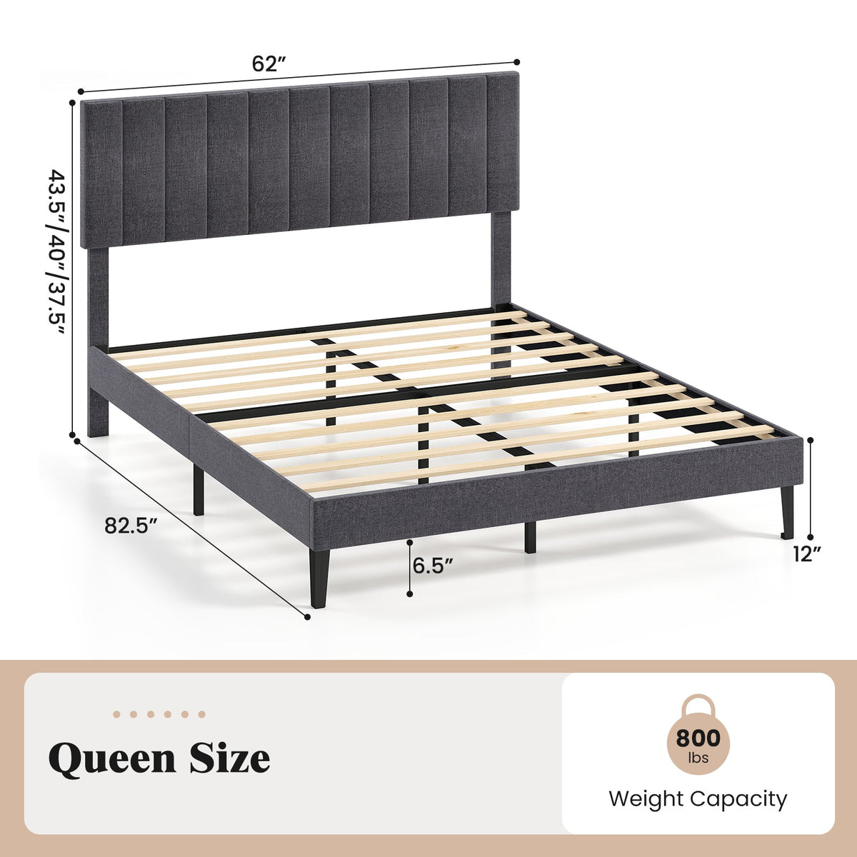 Velvet Upholstered Platform Bed with Height Adjustable Vertical Channel Headboard-Beds & Bed Frames-DECOROLALA