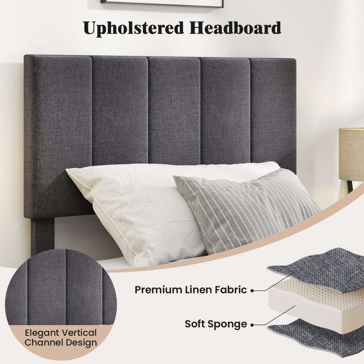 Velvet Upholstered Platform Bed with Height Adjustable Vertical Channel Headboard-Beds & Bed Frames-DECOROLALA